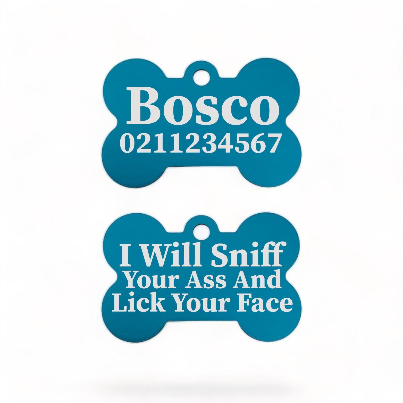 ⭐️Purr. Meow. Woof.⭐️ - I Will Sniff Your Ass & Lick Your Face | Bone Aluminium | Dog ID Pet Tag - DodgerBlue