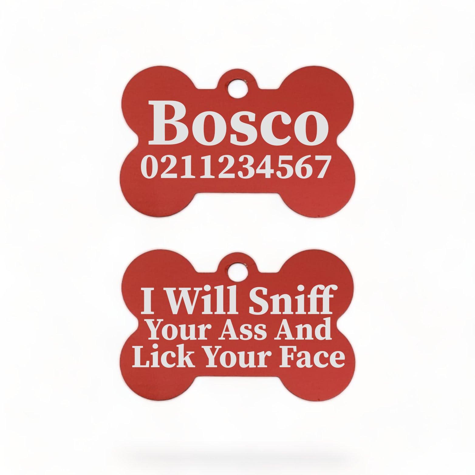 ⭐️Purr. Meow. Woof.⭐️ - I Will Sniff Your Ass & Lick Your Face | Bone Aluminium | Dog ID Pet Tag - Firebrick