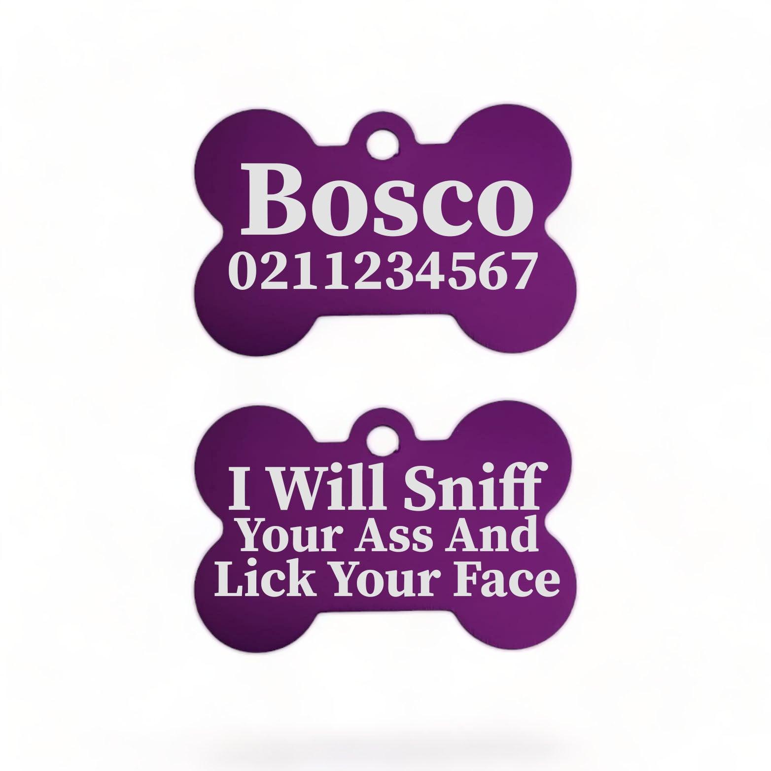 ⭐️Purr. Meow. Woof.⭐️ - I Will Sniff Your Ass & Lick Your Face | Bone Aluminium | Dog ID Pet Tag - Purple