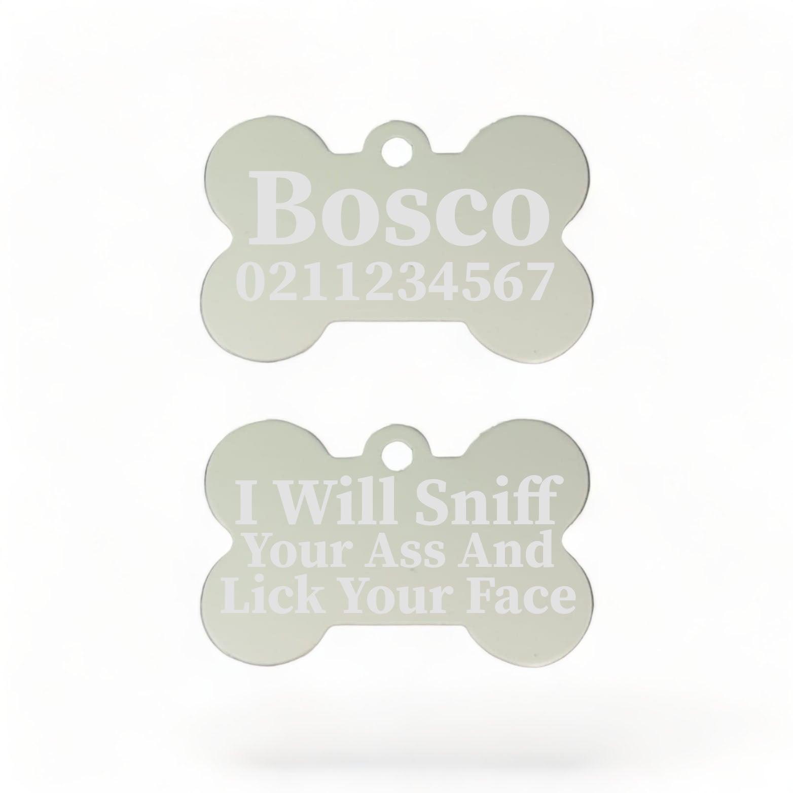 ⭐️Purr. Meow. Woof.⭐️ - I Will Sniff Your Ass & Lick Your Face | Bone Aluminium | Dog ID Pet Tag - Silver