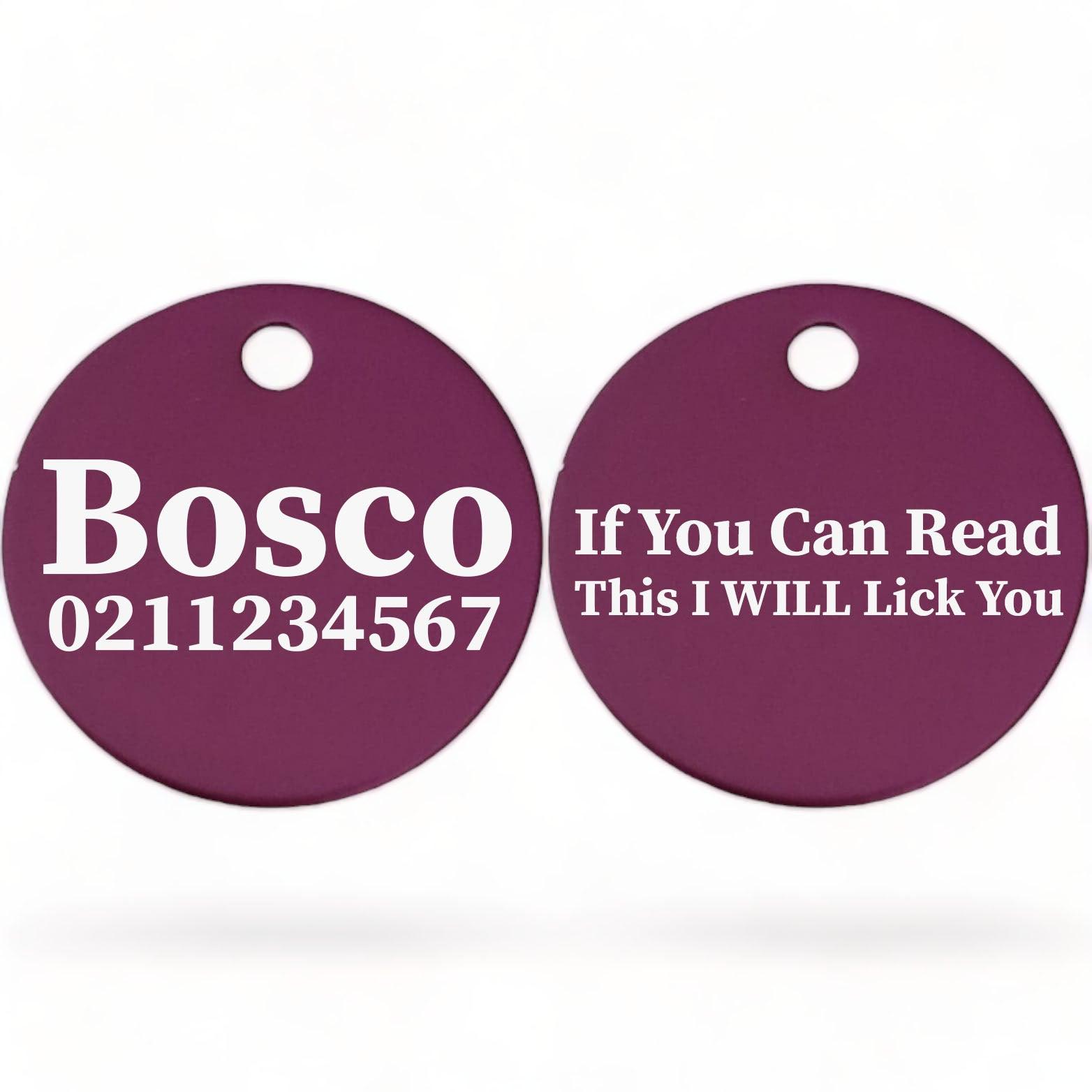 ⭐️Purr. Meow. Woof.⭐️ - If You Can Read This I Will Lick You | Round Aluminium | Dog ID Pet Tag - Purple
