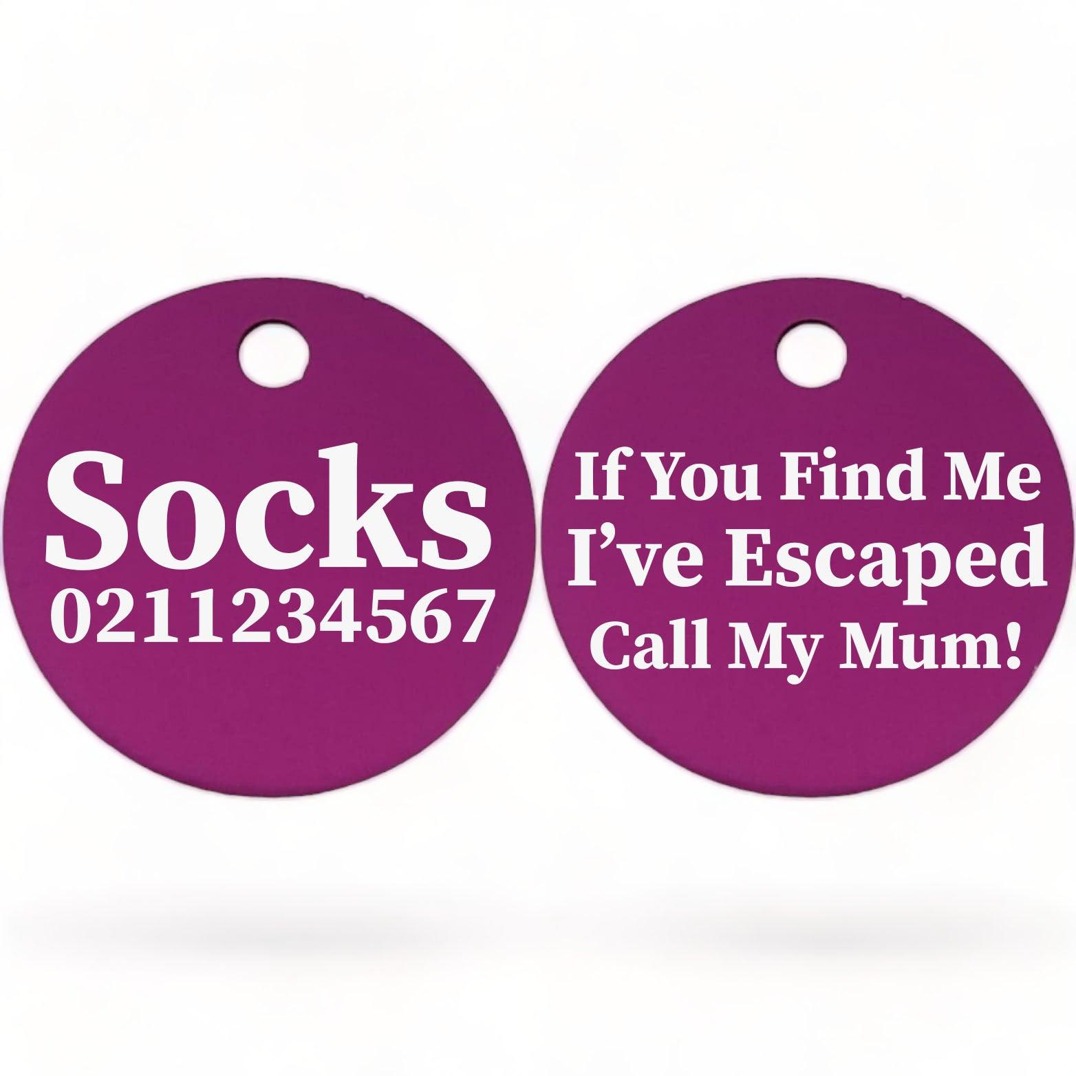 ⭐️Purr. Meow. Woof.⭐️ - If You Find Me I've Escaped Call My Mum | Round Aluminium | Cat & Kitten ID Pet Tag - Purple