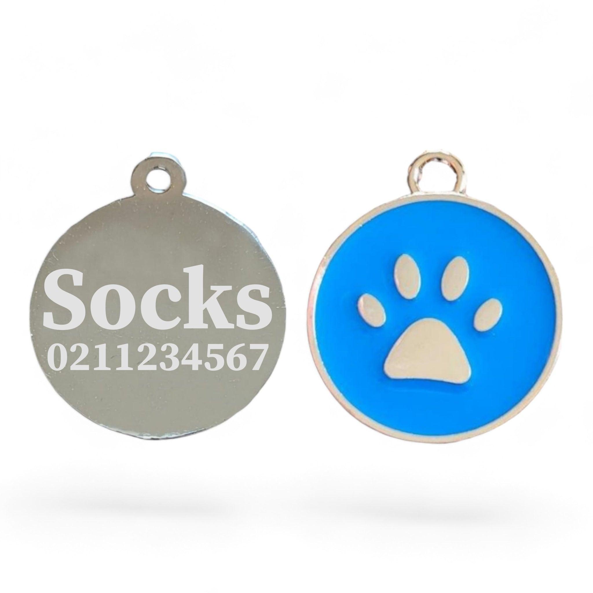 ⭐️Purr. Meow. Woof.⭐️ - Light Paw Print Round Cat & Dog ID Tag - DodgerBlue