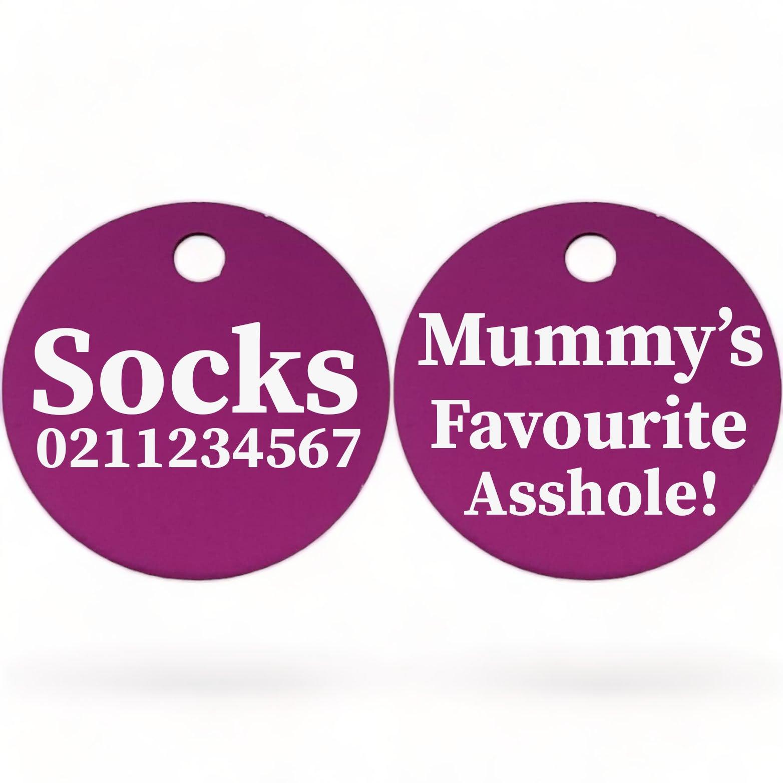 ⭐️Purr. Meow. Woof.⭐️ - Mummy's/Daddy's Favourite Asshole | Round Aluminium | Cat & Kitten ID Pet Tag - Purple / Mum