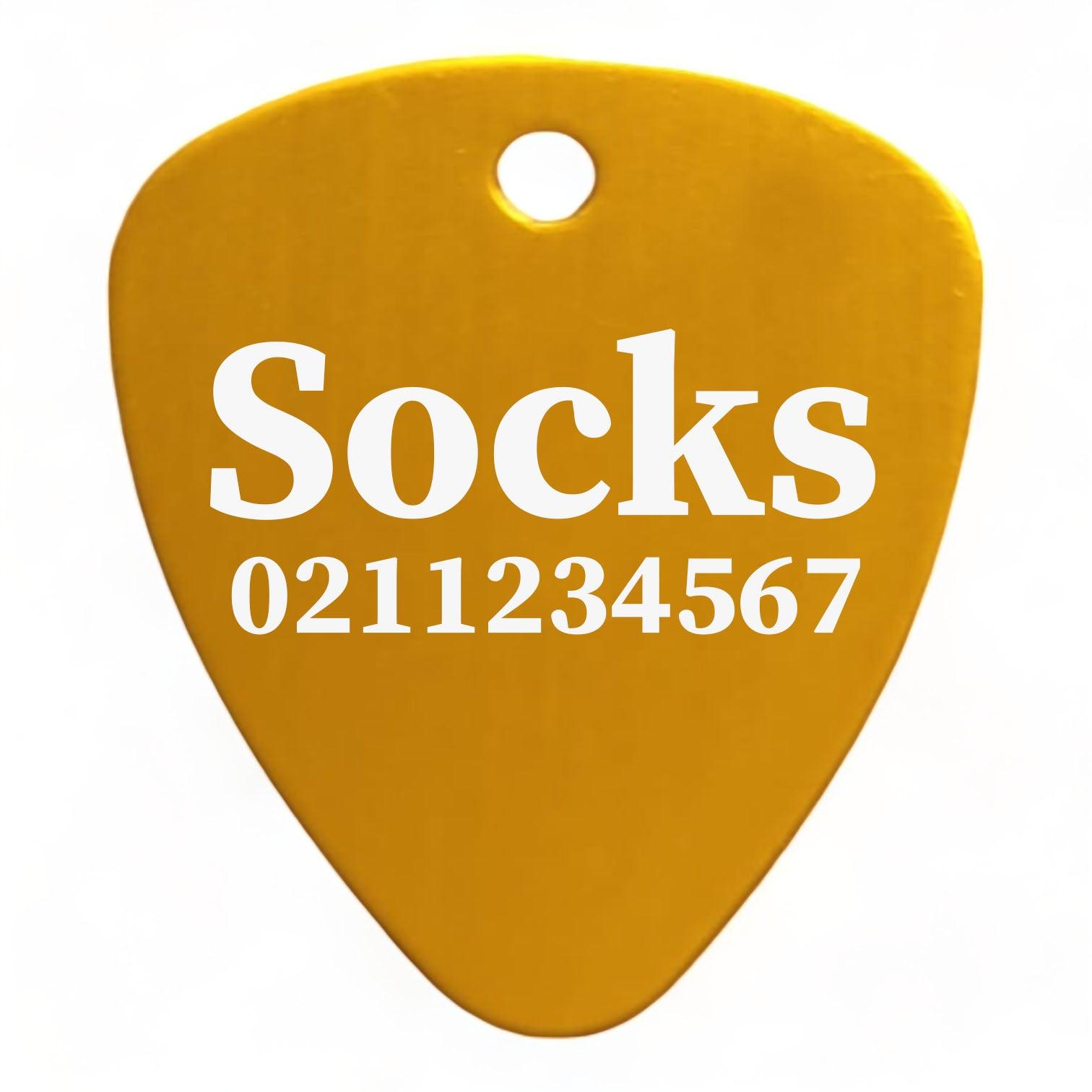 ⭐️Purr. Meow. Woof.⭐️ - Name & Number Front Guitar Pick Cat, Kitten & Dog ID Pet Tag - Gold