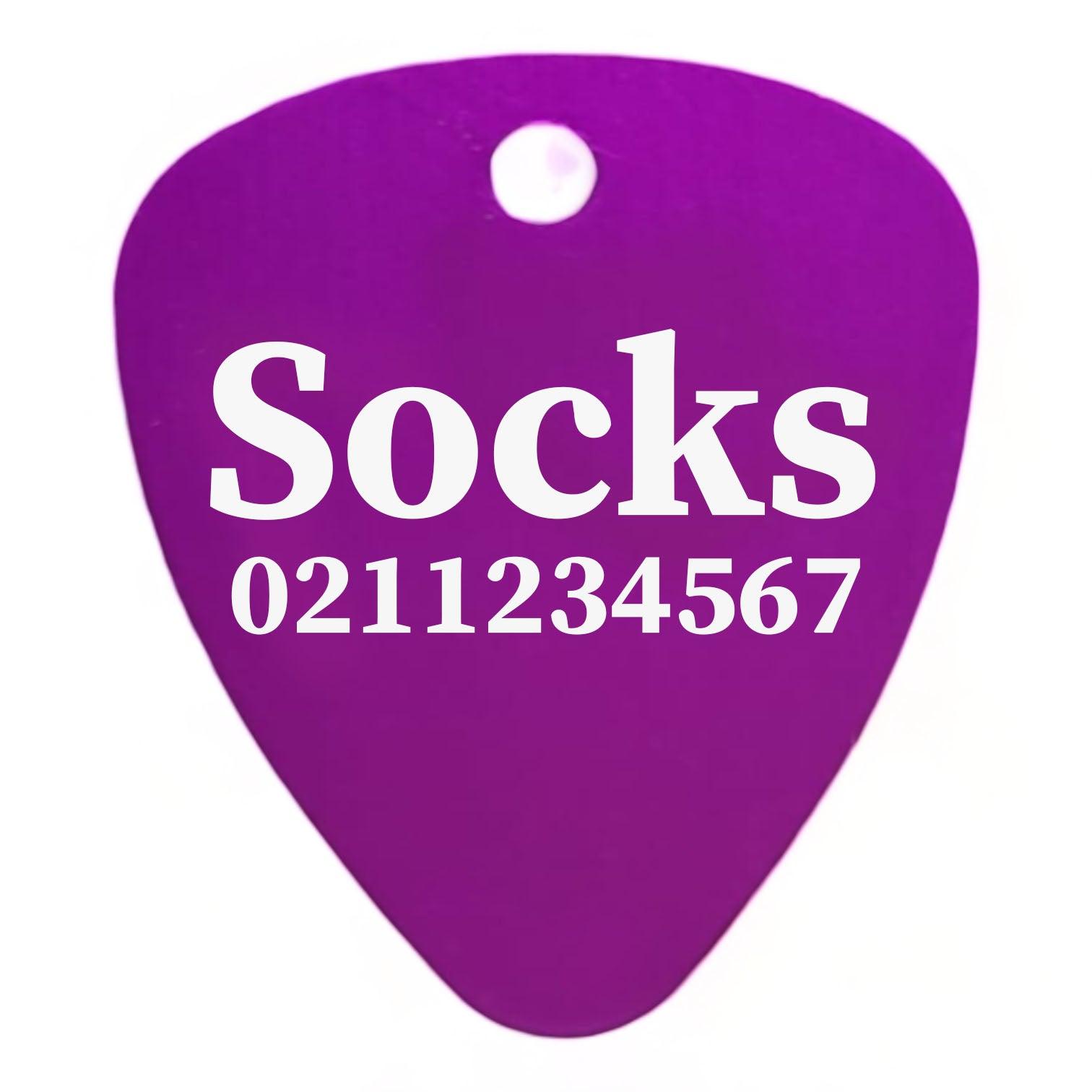 ⭐️Purr. Meow. Woof.⭐️ - Name & Number Front Guitar Pick Cat, Kitten & Dog ID Pet Tag - Purple