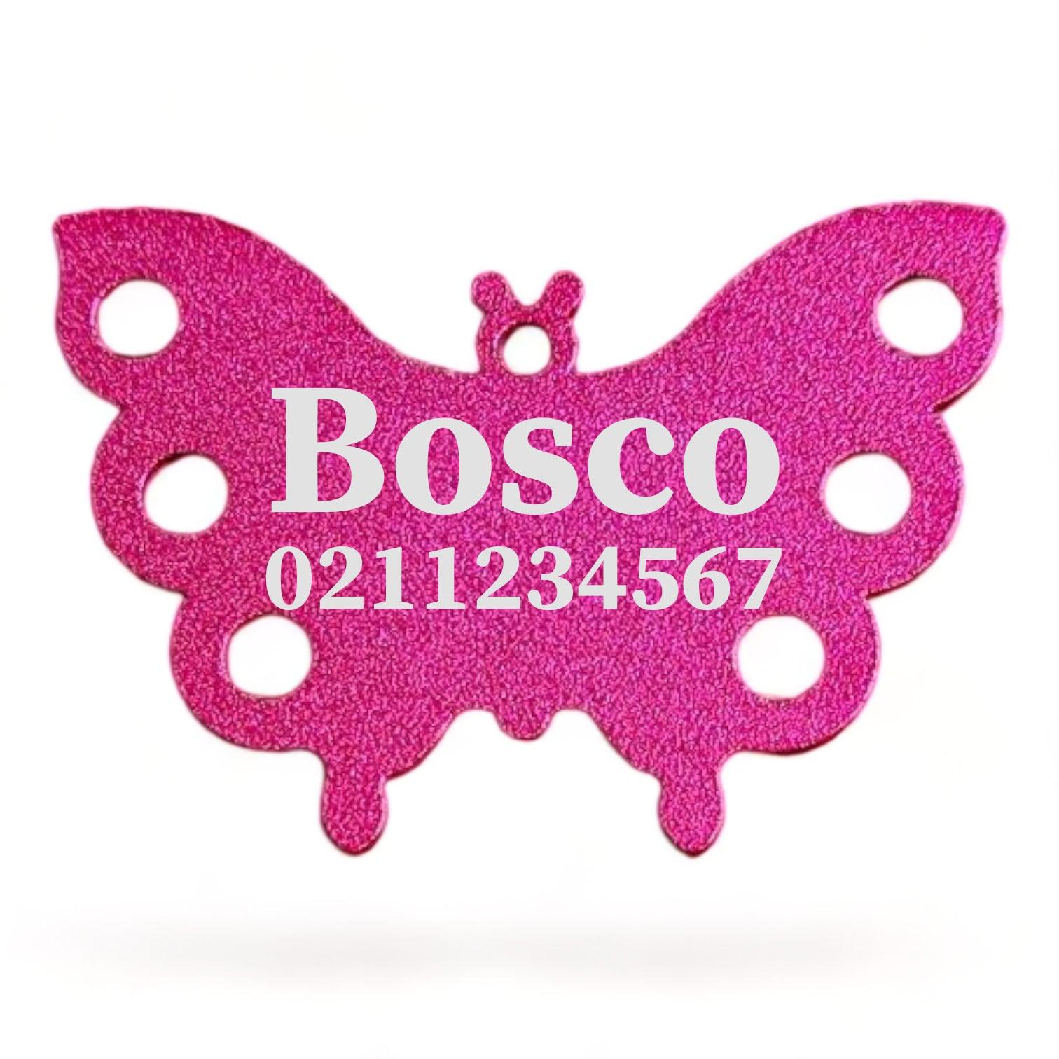 ⭐️Purr. Meow. Woof.⭐️ - Name & Number Front | Butterfly Aluminum | Dog ID Pet Tag - DeepPink