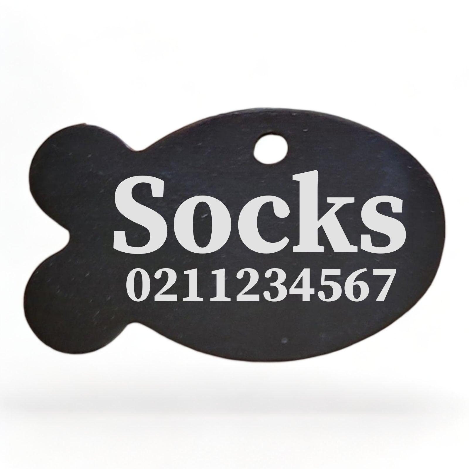 ⭐️Purr. Meow. Woof.⭐️ - Name & Number Front | Fish Aluminum | Cat, Kitten & Dog ID Pet Tag - Black