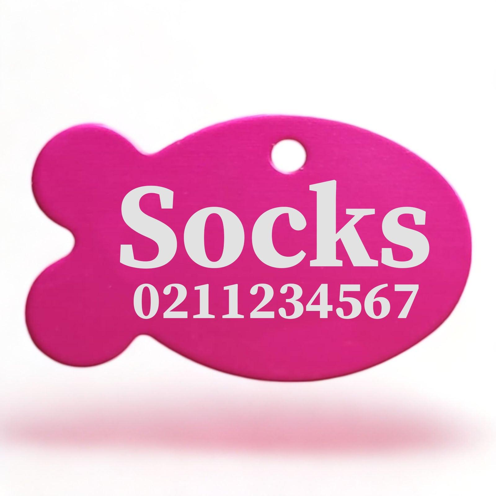 ⭐️Purr. Meow. Woof.⭐️ - Name & Number Front | Fish Aluminum | Cat, Kitten & Dog ID Pet Tag - DeepPink