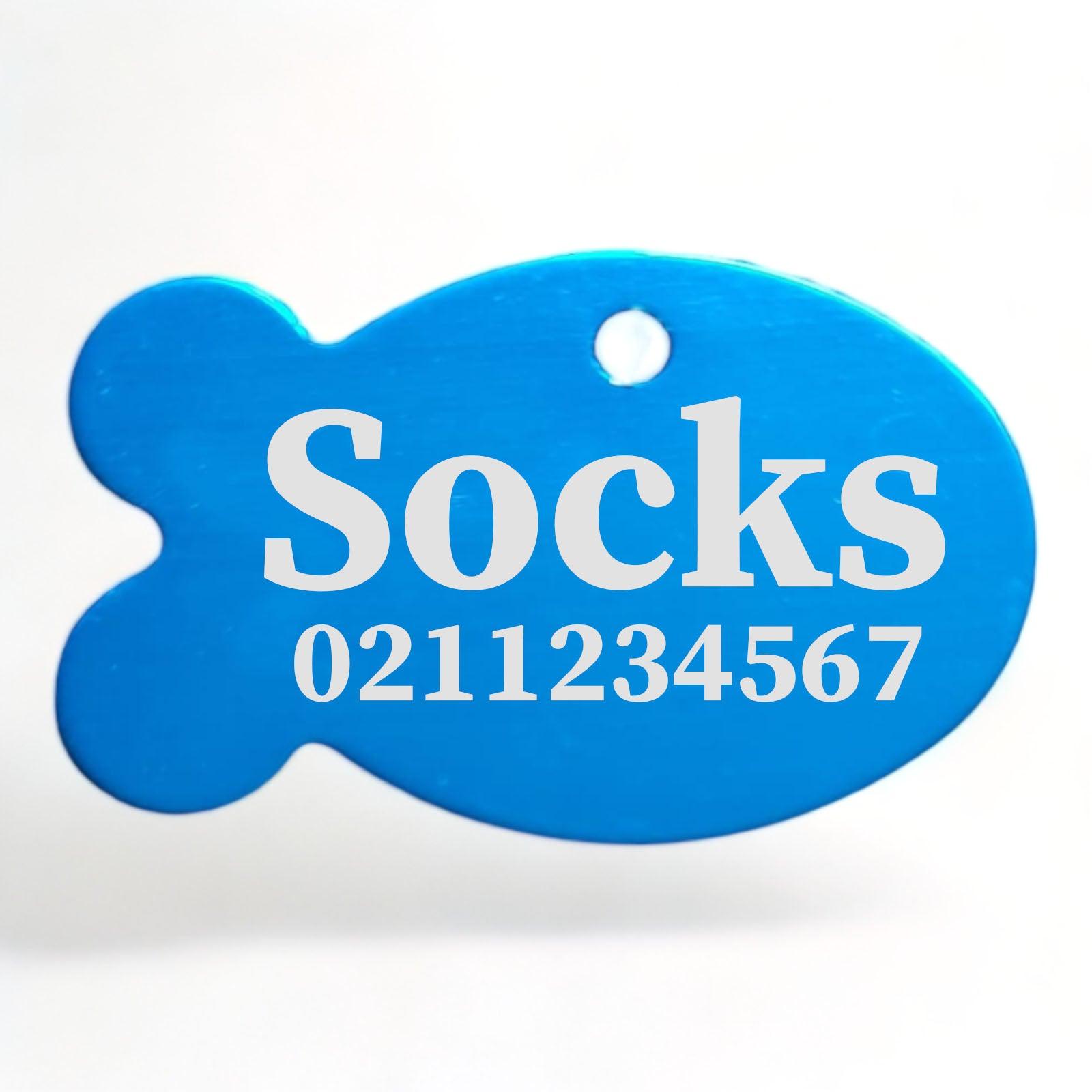 ⭐️Purr. Meow. Woof.⭐️ - Name & Number Front | Fish Aluminum | Cat, Kitten & Dog ID Pet Tag - DodgerBlue