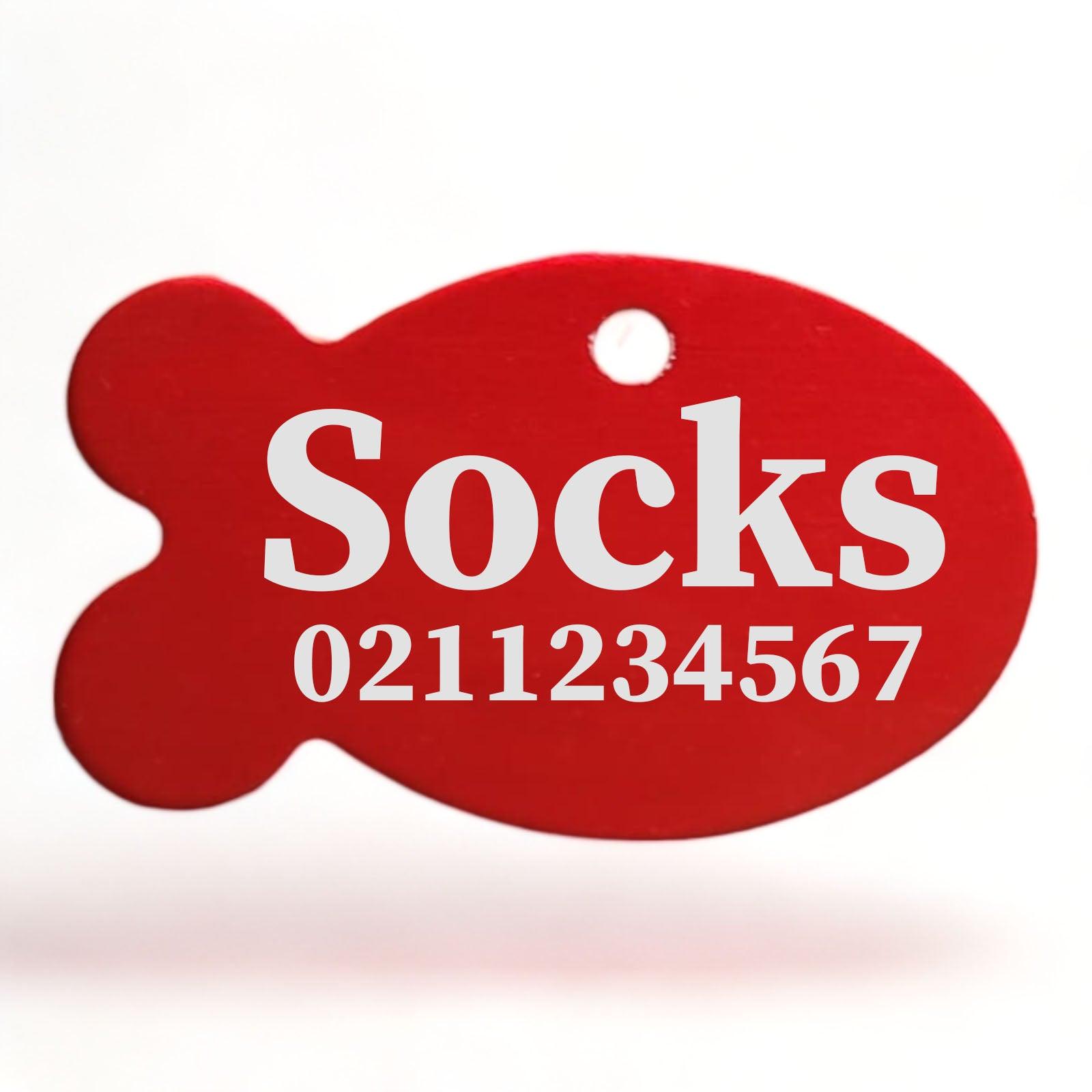 ⭐️Purr. Meow. Woof.⭐️ - Name & Number Front | Fish Aluminum | Cat, Kitten & Dog ID Pet Tag - Firebrick