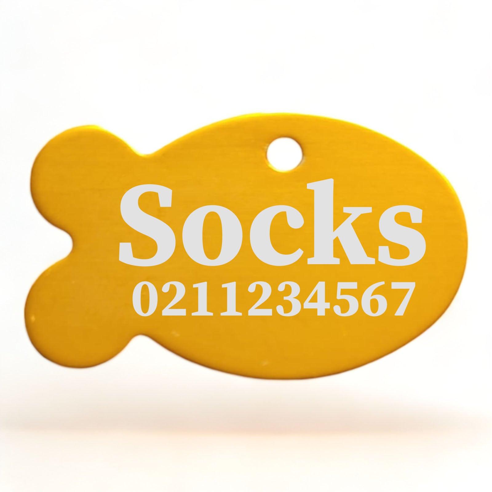 ⭐️Purr. Meow. Woof.⭐️ - Name & Number Front | Fish Aluminum | Cat, Kitten & Dog ID Pet Tag - Gold