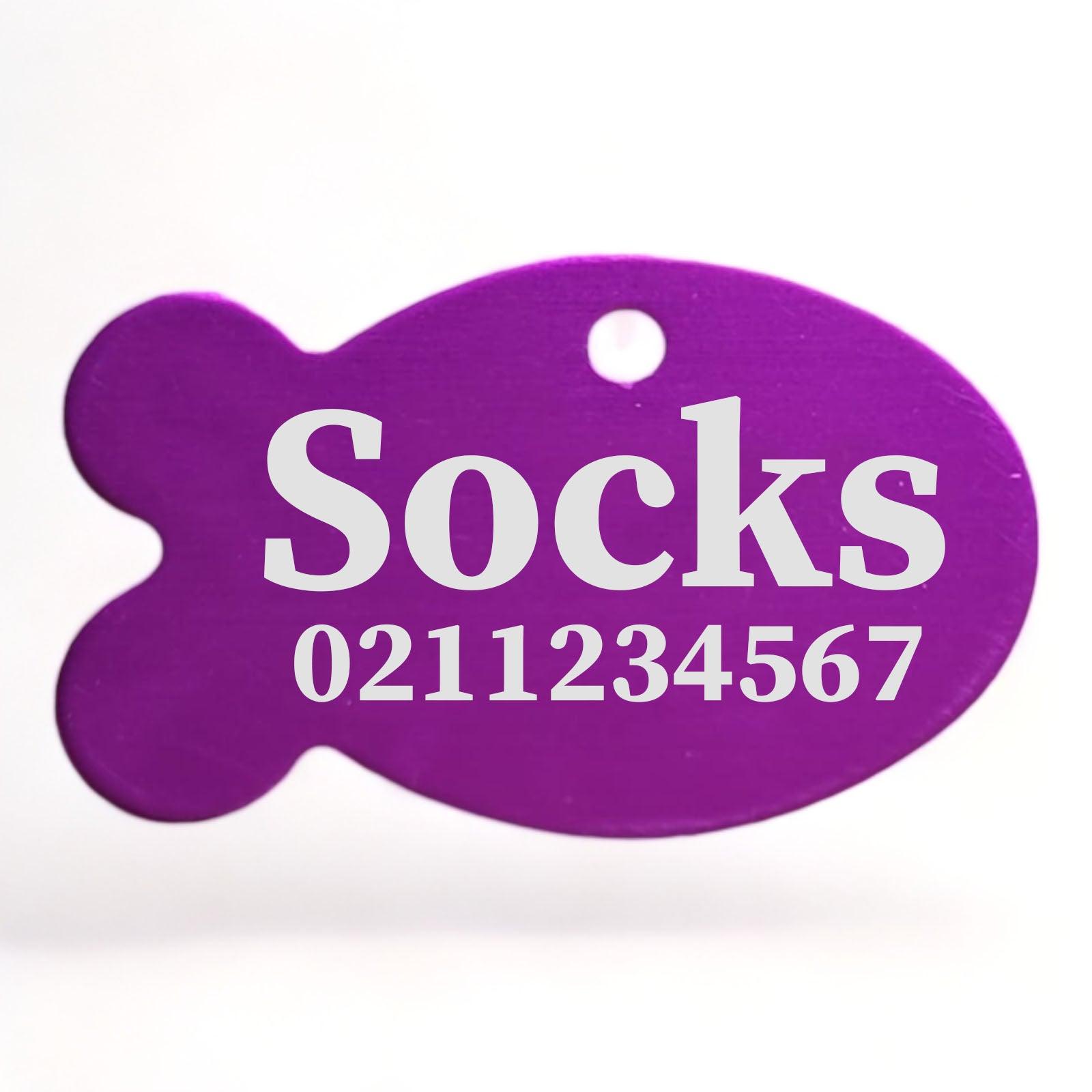 ⭐️Purr. Meow. Woof.⭐️ - Name & Number Front | Fish Aluminum | Cat, Kitten & Dog ID Pet Tag - Purple