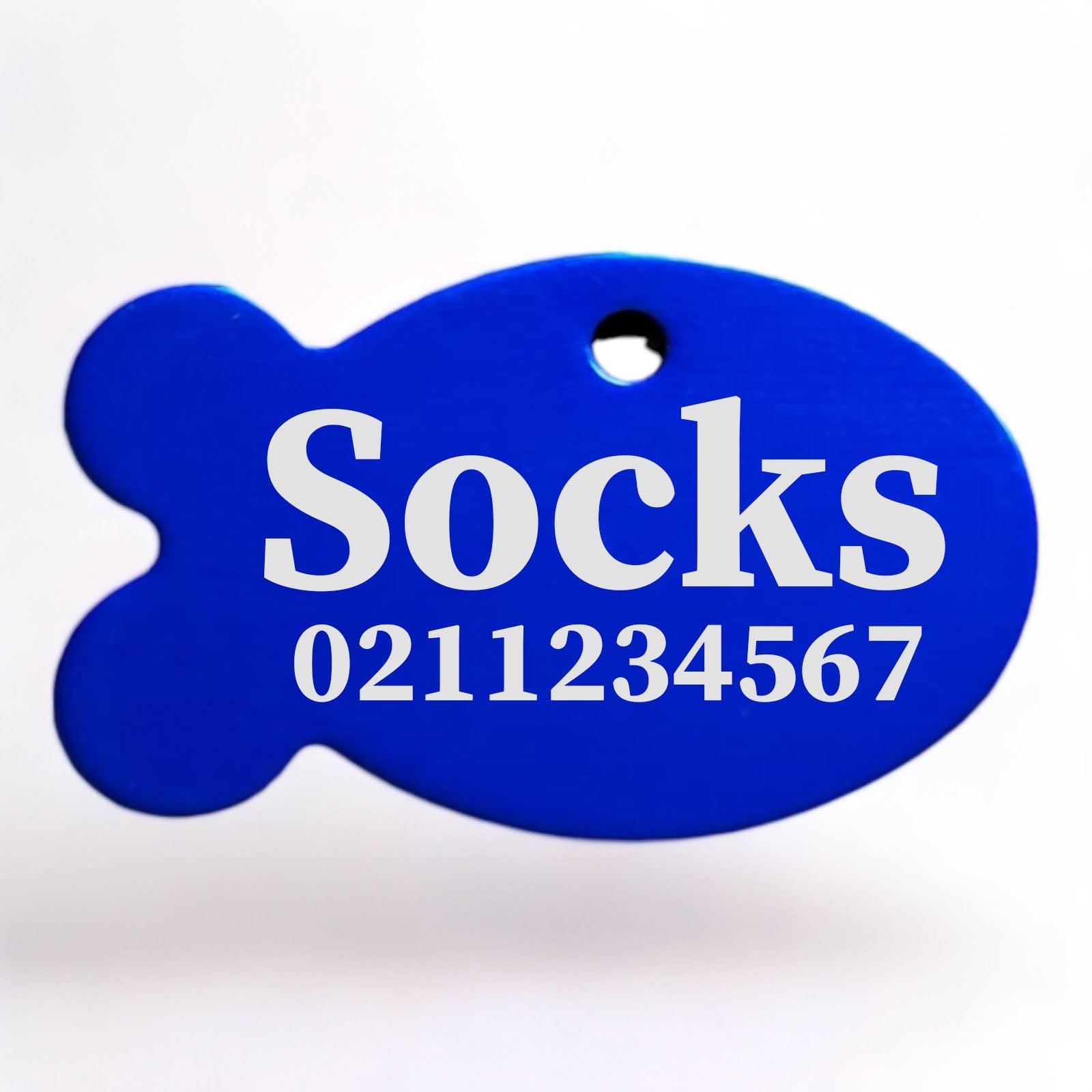 ⭐️Purr. Meow. Woof.⭐️ - Name & Number Front | Fish Aluminum | Cat, Kitten & Dog ID Pet Tag - RoyalBlue