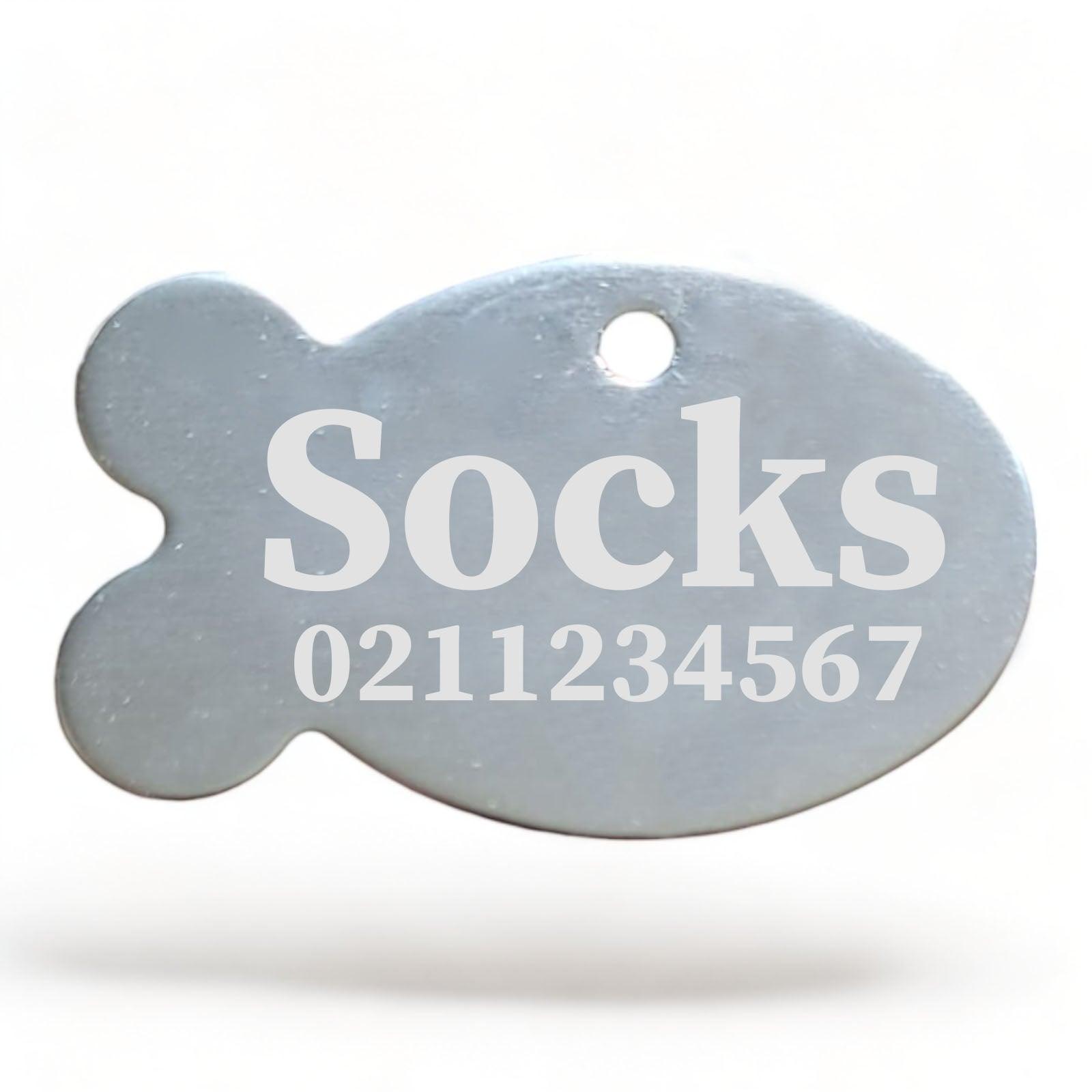 ⭐️Purr. Meow. Woof.⭐️ - Name & Number Front | Fish Aluminum | Cat, Kitten & Dog ID Pet Tag - Silver