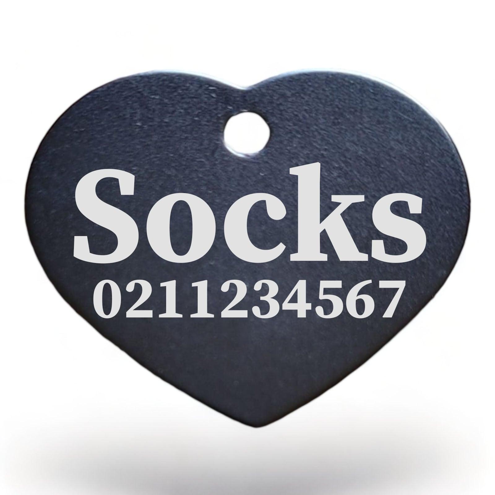 ⭐️Purr. Meow. Woof.⭐️ - Name & Number Front | Heart Aluminum | Cat, Kitten & Dog ID Pet Tag - Black