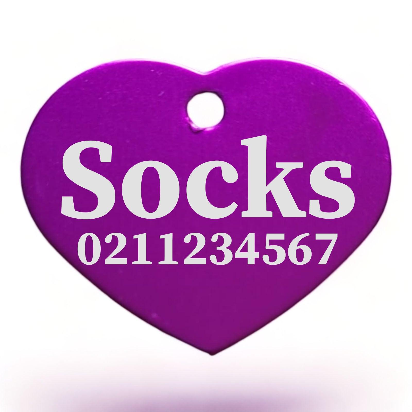 ⭐️Purr. Meow. Woof.⭐️ - Name & Number Front | Heart Aluminum | Cat, Kitten & Dog ID Pet Tag - Purple