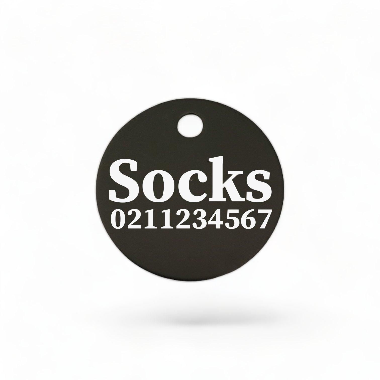 ⭐️Purr. Meow. Woof.⭐️ - Name & Number Front | Round Aluminium | Cat, Kitten & Dog ID Pet Tag - Black / Cat (Small)