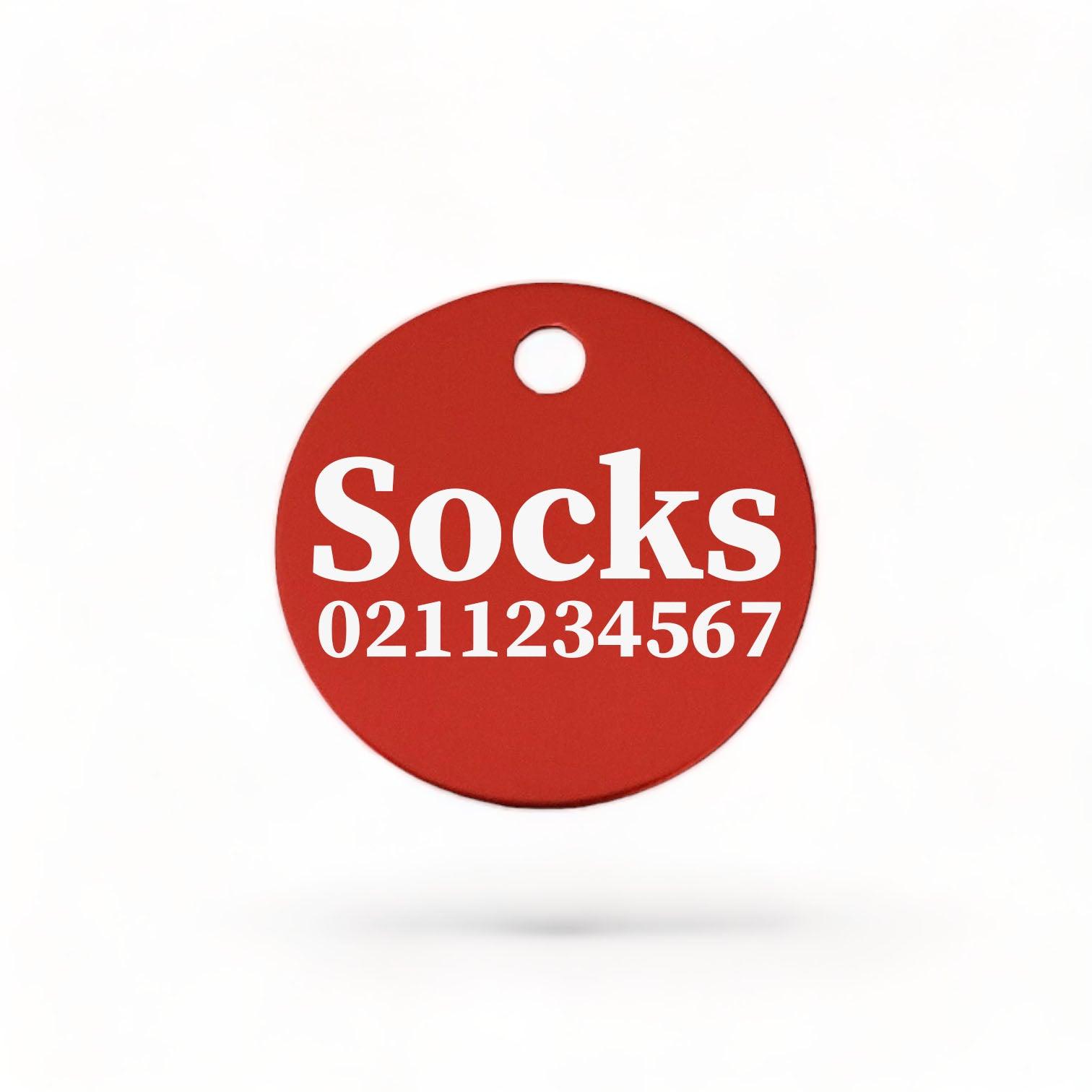 ⭐️Purr. Meow. Woof.⭐️ - Name & Number Front | Round Aluminium | Cat, Kitten & Dog ID Pet Tag - Firebrick / Cat (Small)