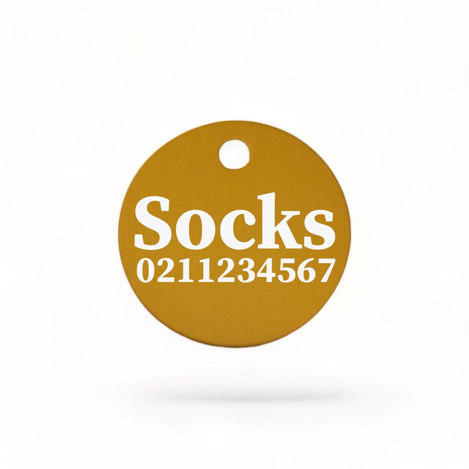 ⭐️Purr. Meow. Woof.⭐️ - Name & Number Front | Round Aluminium | Cat, Kitten & Dog ID Pet Tag - Gold / Cat (Small)