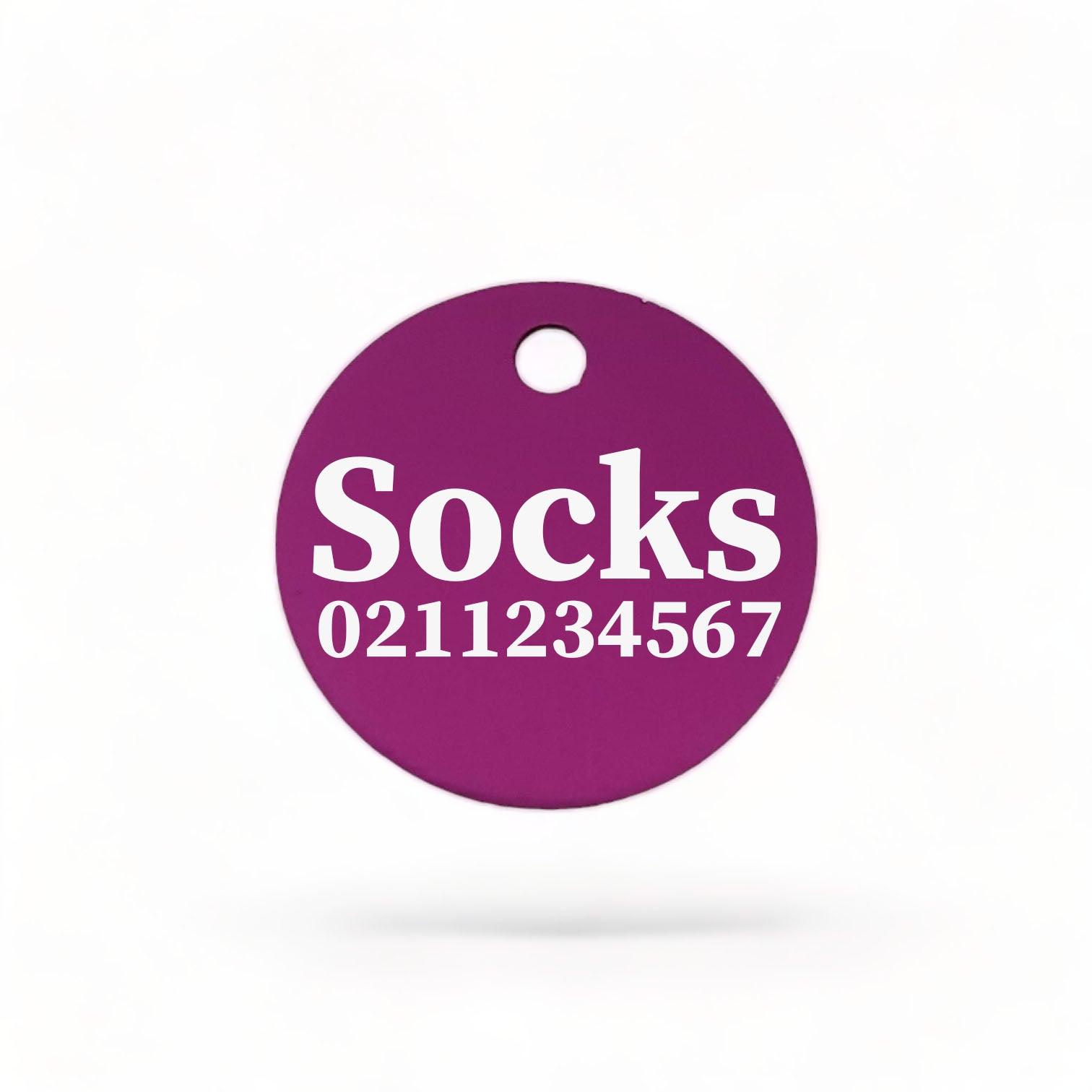 ⭐️Purr. Meow. Woof.⭐️ - Name & Number Front | Round Aluminium | Cat, Kitten & Dog ID Pet Tag - Purple / Cat (Small)