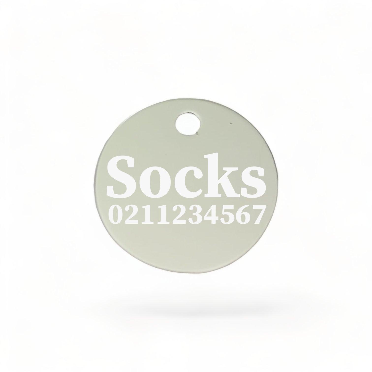 ⭐️Purr. Meow. Woof.⭐️ - Name & Number Front | Round Aluminium | Cat, Kitten & Dog ID Pet Tag - Silver / Cat (Small)