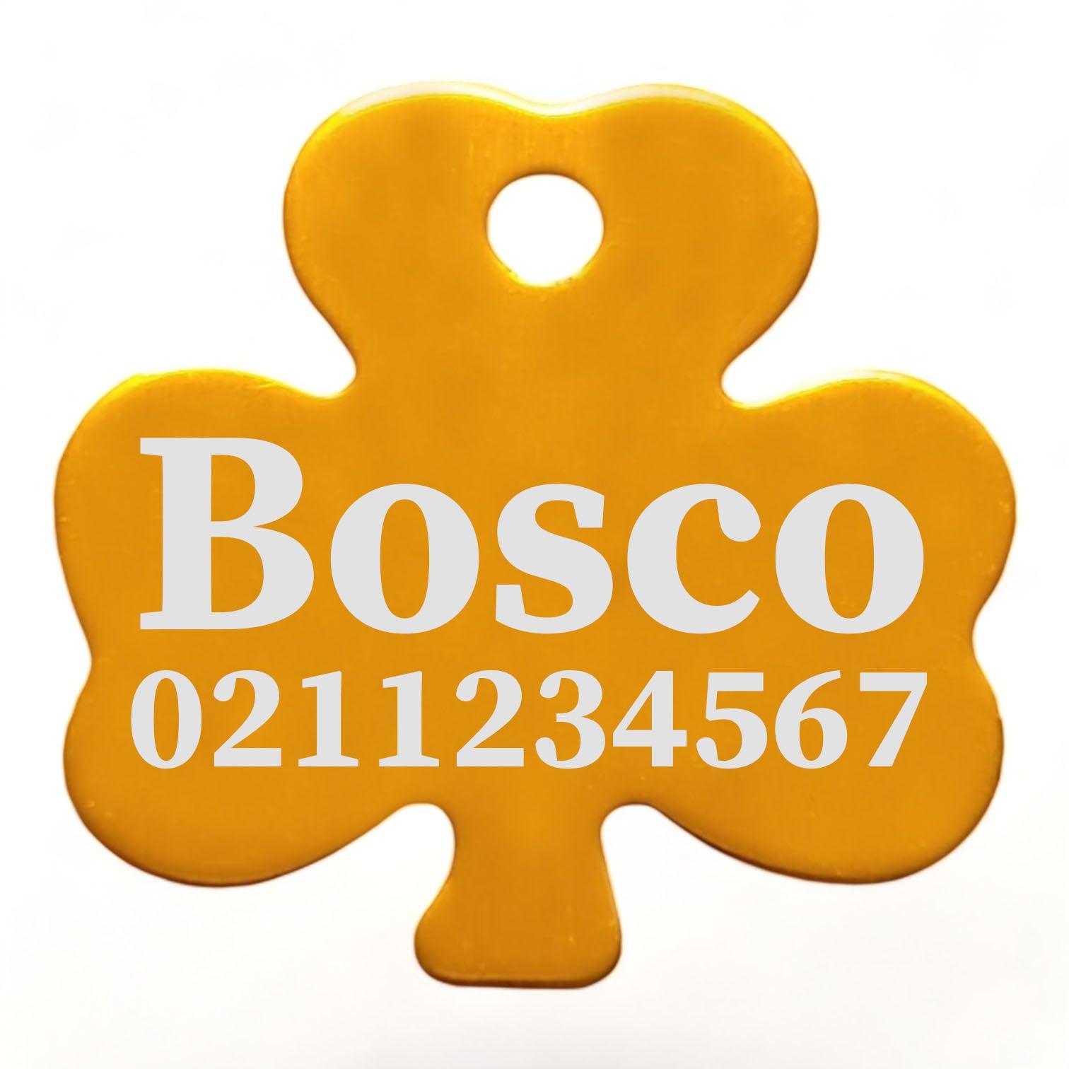 ⭐️Purr. Meow. Woof.⭐️ - Name & Number Front | Shamrock Aluminum | Cat, Kitten & Dog ID Pet Tag - Gold