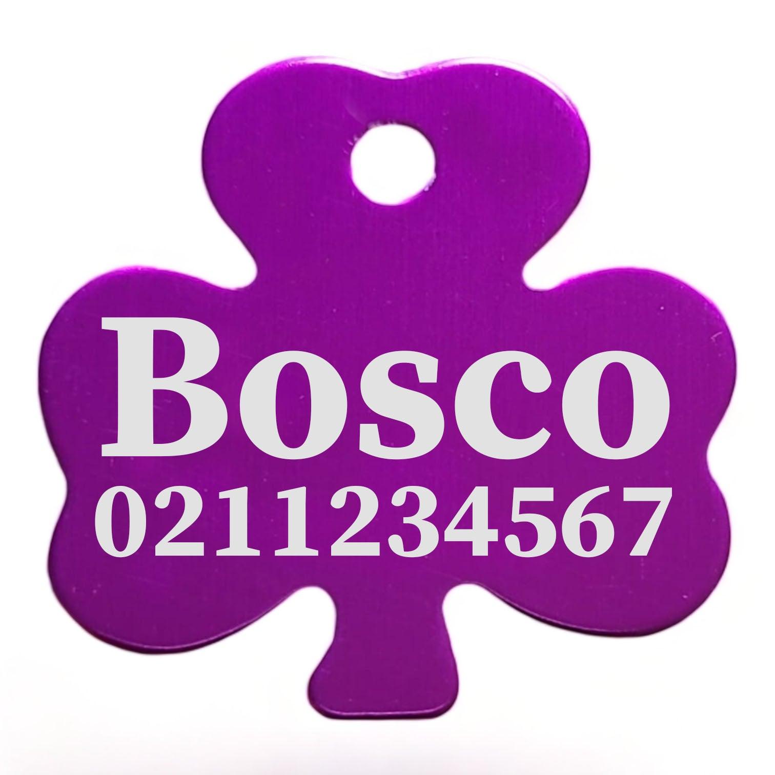 ⭐️Purr. Meow. Woof.⭐️ - Name & Number Front | Shamrock Aluminum | Cat, Kitten & Dog ID Pet Tag - Purple