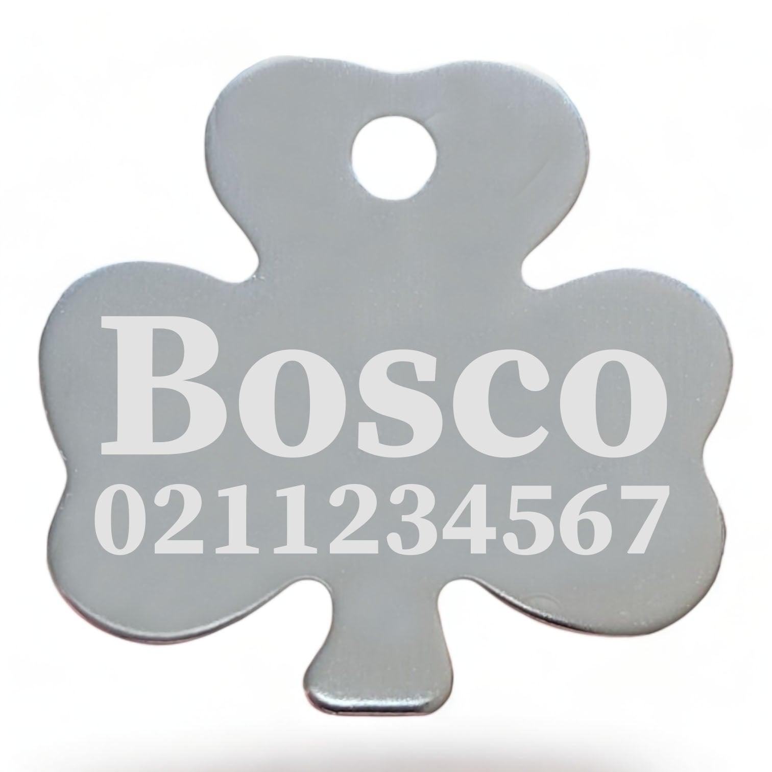 ⭐️Purr. Meow. Woof.⭐️ - Name & Number Front | Shamrock Aluminum | Cat, Kitten & Dog ID Pet Tag - Silver