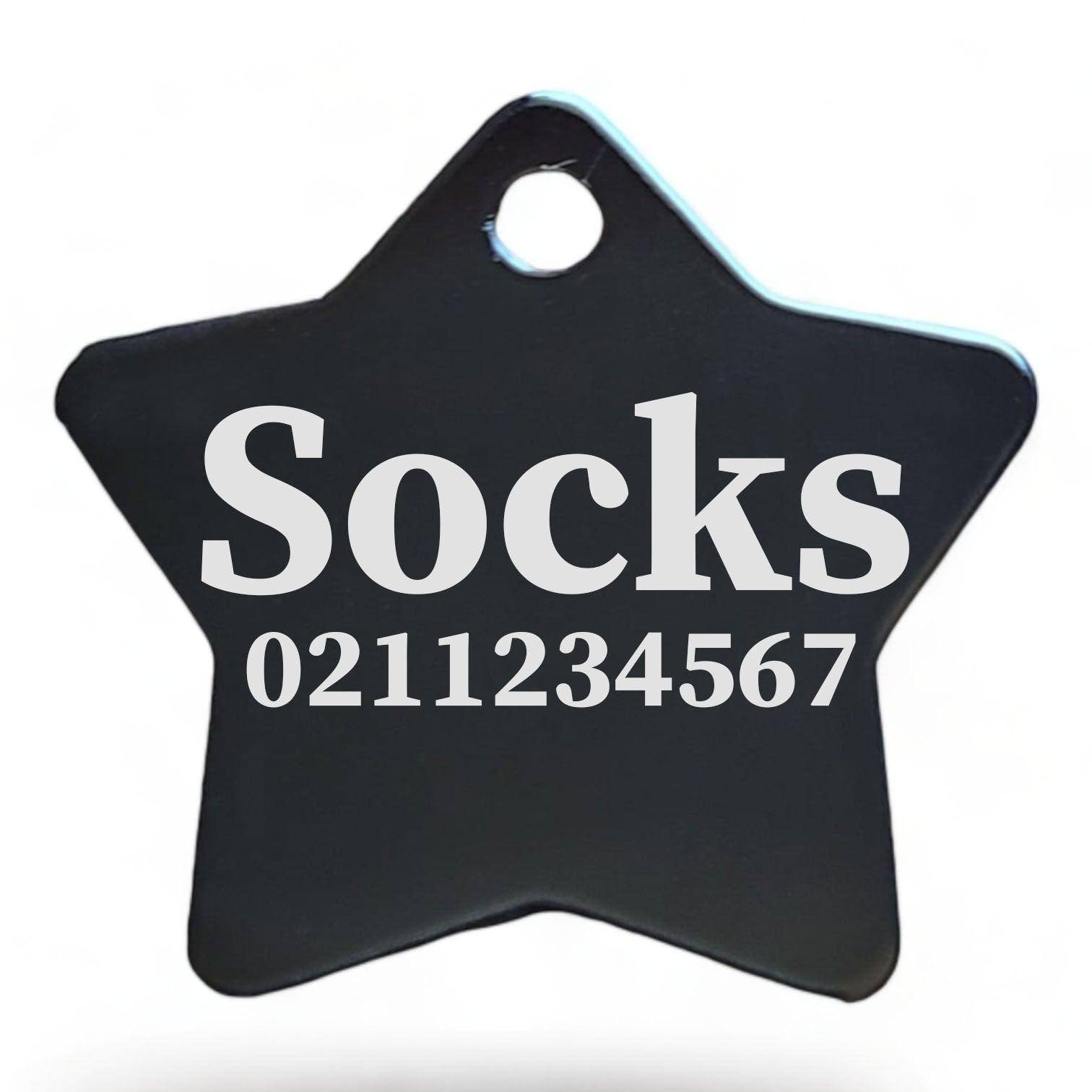 ⭐️Purr. Meow. Woof.⭐️ - Name & Number Front | Star Aluminum | Cat, Kitten & Dog ID Pet Tag - Black / Small (Cat)