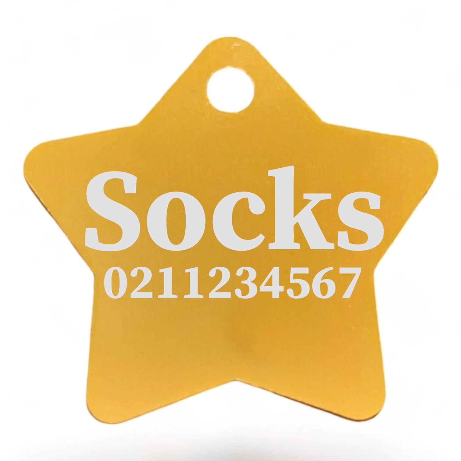 ⭐️Purr. Meow. Woof.⭐️ - Name & Number Front | Star Aluminum | Cat, Kitten & Dog ID Pet Tag - Gold / Small (Cat)