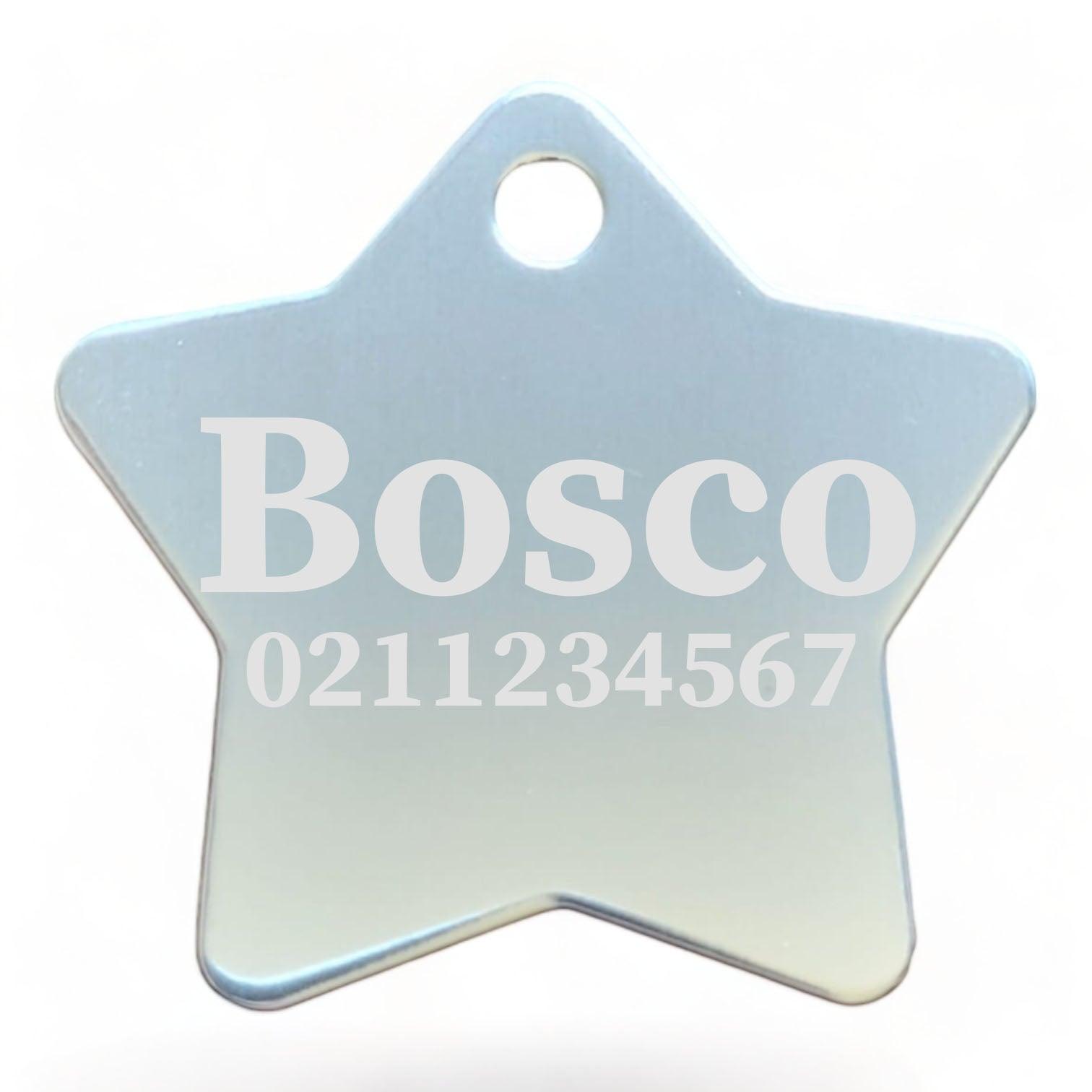 ⭐️Purr. Meow. Woof.⭐️ - Name & Number Front | Star Aluminum | Cat, Kitten & Dog ID Pet Tag - Silver / Large (Dog)