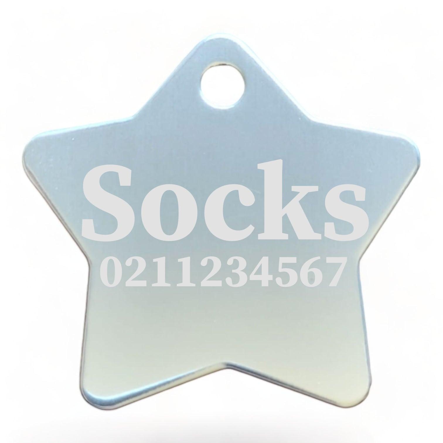 ⭐️Purr. Meow. Woof.⭐️ - Name & Number Front | Star Aluminum | Cat, Kitten & Dog ID Pet Tag - Silver / Small (Cat)