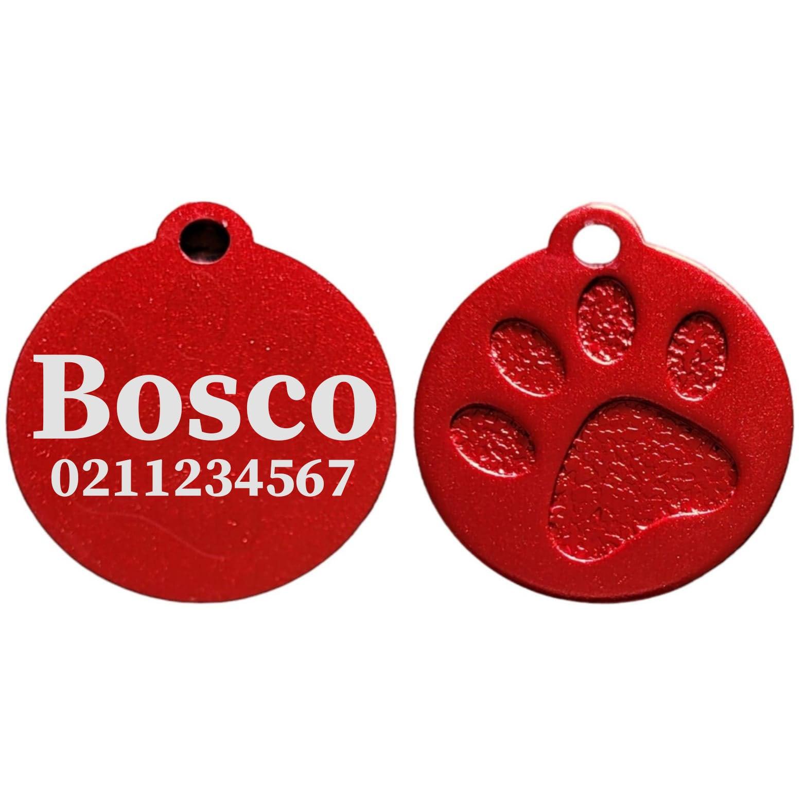 ⭐️Purr. Meow. Woof.⭐️ - Name & Number Front Round | Paw Print Aluminium | Cat, Kitten & Dog ID Pet Tag - Firebrick / Large (Dog)