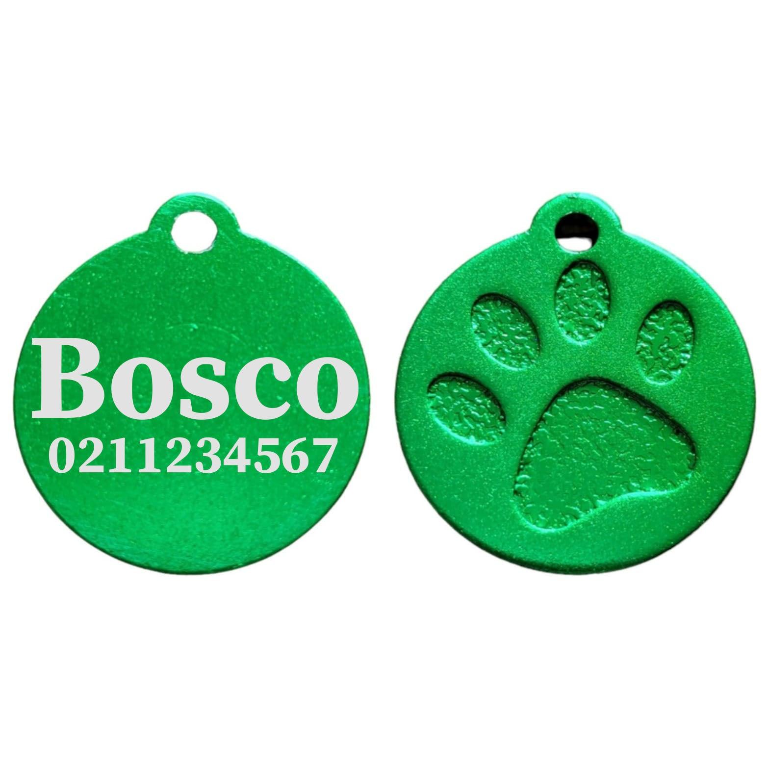 ⭐️Purr. Meow. Woof.⭐️ - Name & Number Front Round | Paw Print Aluminium | Cat, Kitten & Dog ID Pet Tag - MediumSpringGreen / Large (Dog)