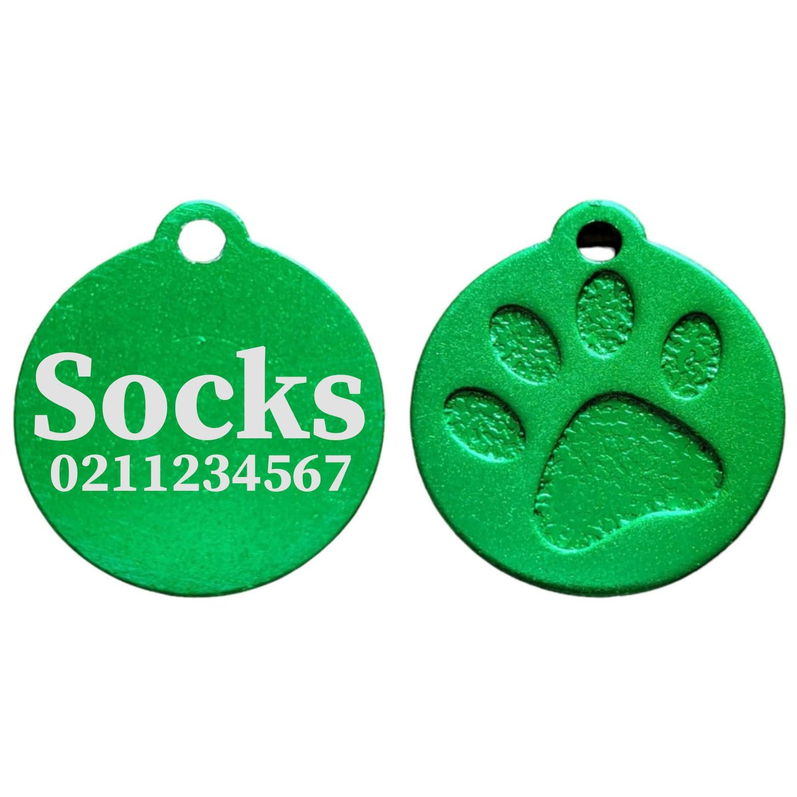 ⭐️Purr. Meow. Woof.⭐️ - Name & Number Front Round | Paw Print Aluminium | Cat, Kitten & Dog ID Pet Tag - MediumSpringGreen / Small (Cat)