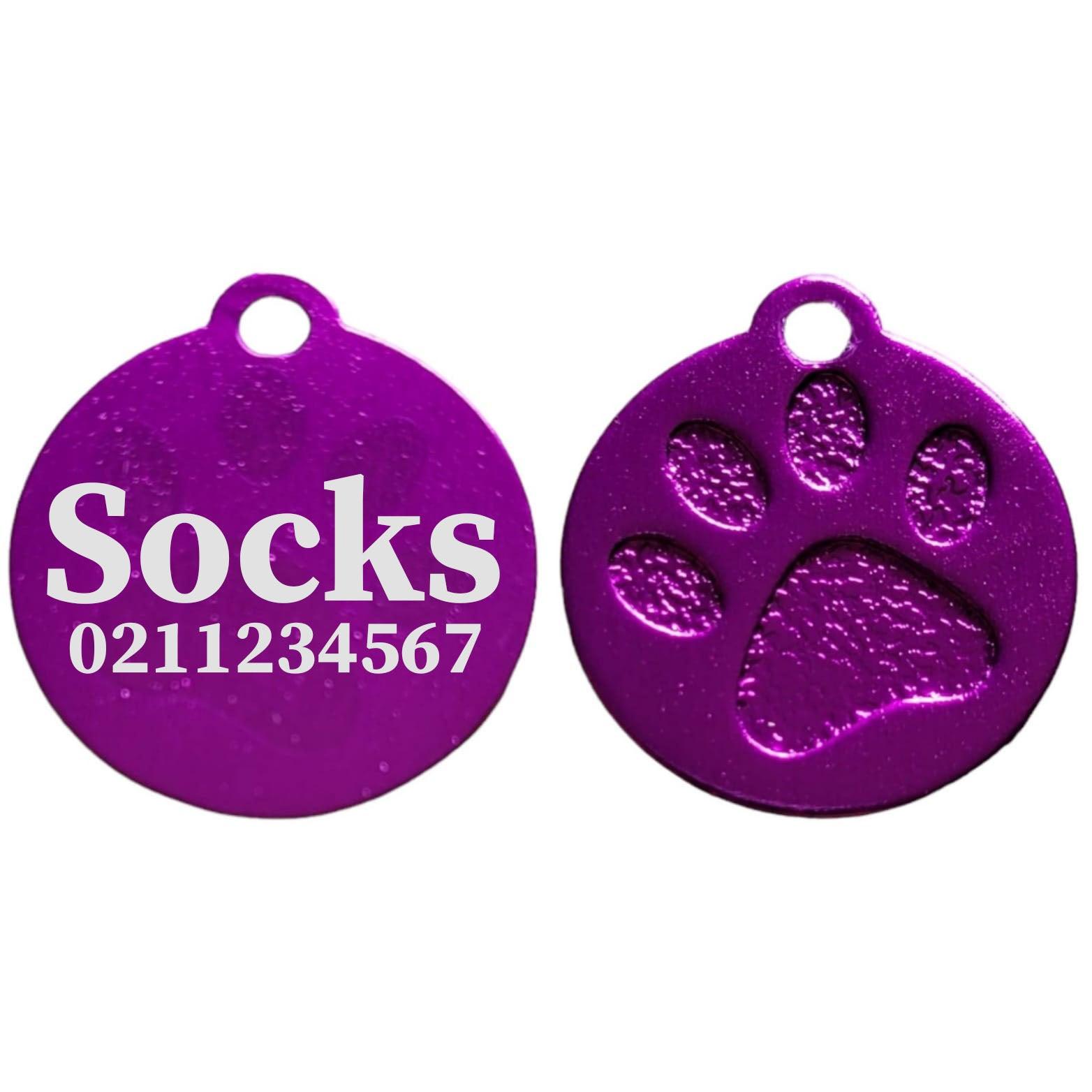 ⭐️Purr. Meow. Woof.⭐️ - Name & Number Front Round | Paw Print Aluminium | Cat, Kitten & Dog ID Pet Tag - Purple / Small (Cat)