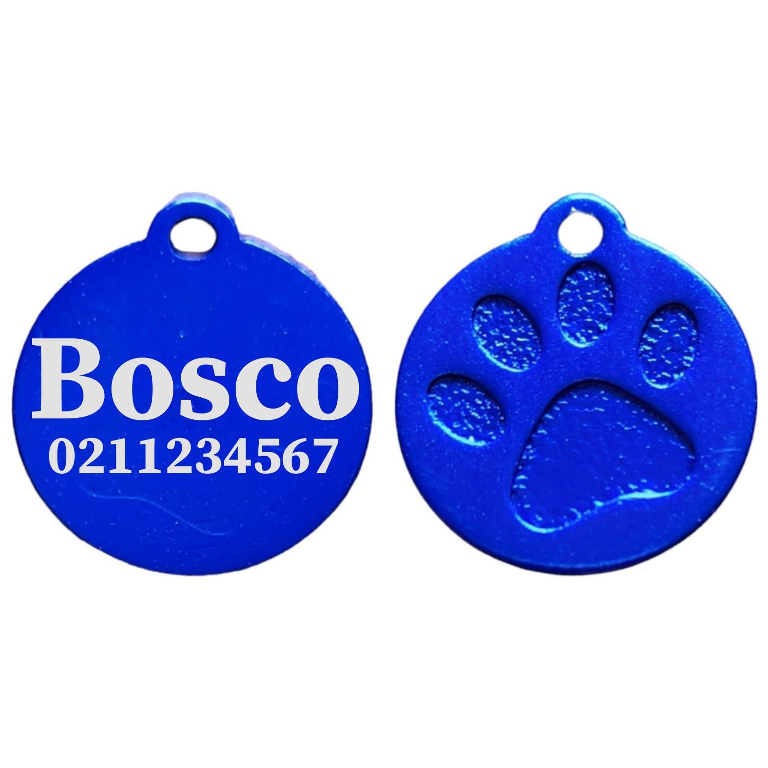 ⭐️Purr. Meow. Woof.⭐️ - Name & Number Front Round | Paw Print Aluminium | Cat, Kitten & Dog ID Pet Tag - RoyalBlue / Large (Dog)