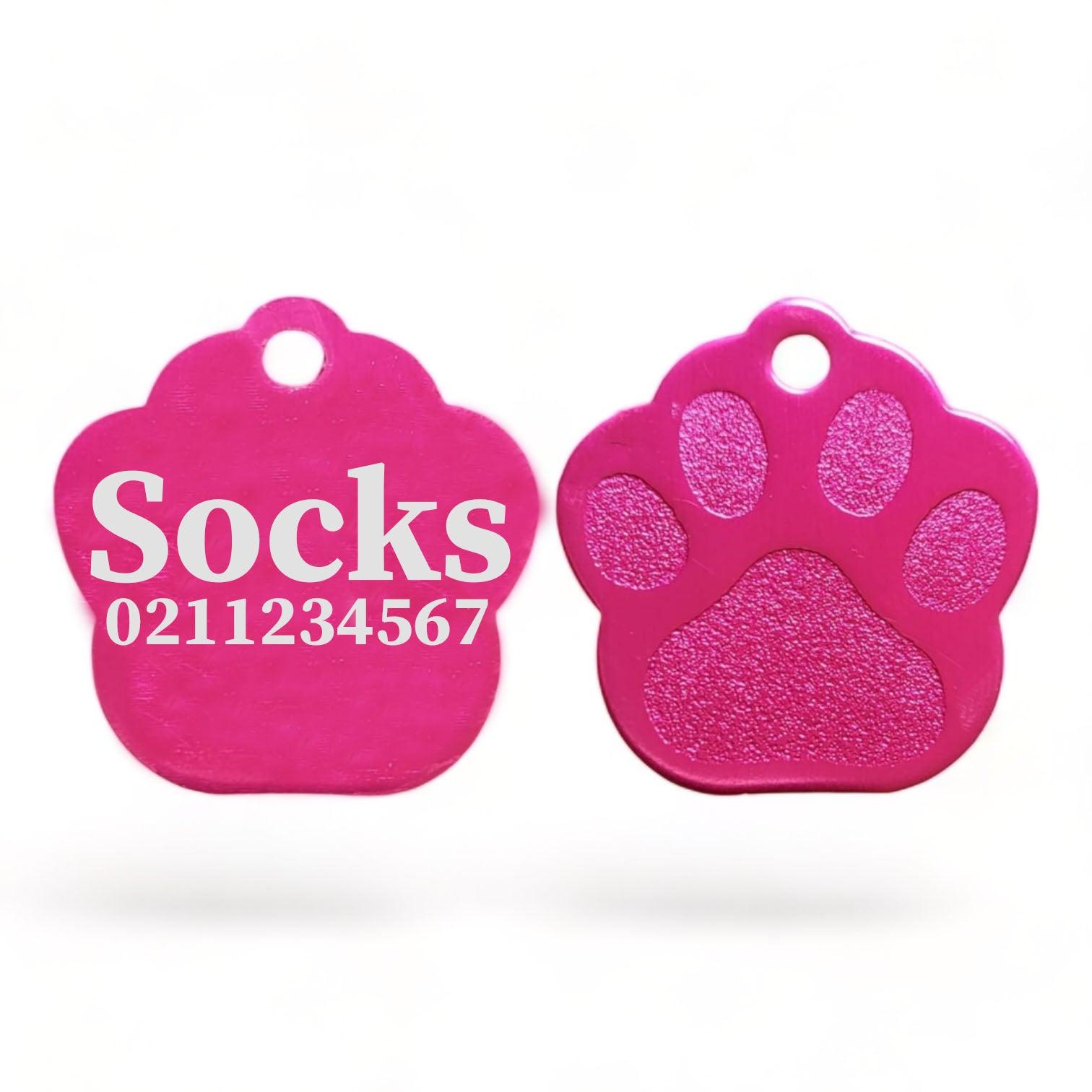 ⭐️Purr. Meow. Woof.⭐️ - Name & Number | Paw Print Aluminium | Cat, Kitten & Dog Kitten ID Pet Tag - DeepPink
