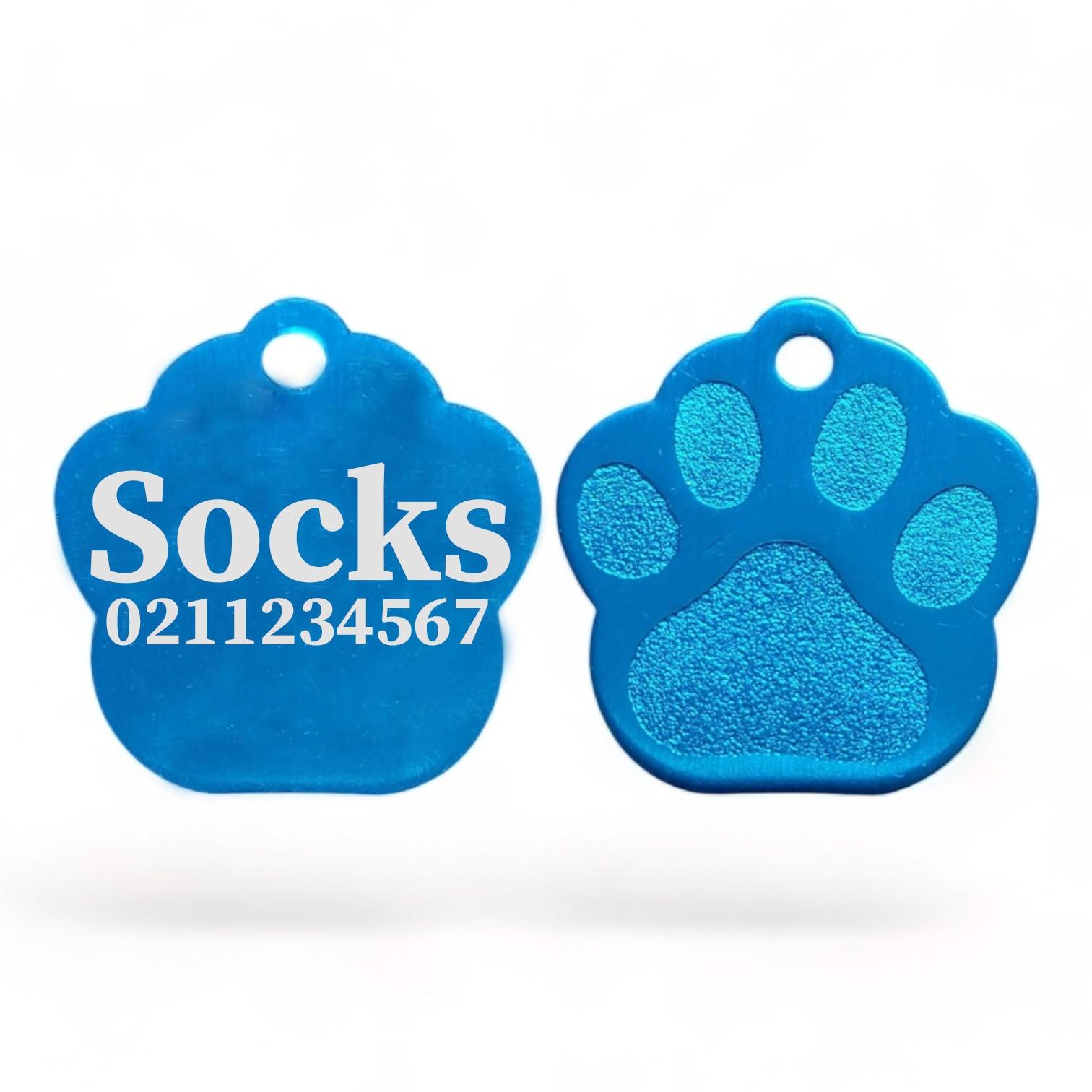 ⭐️Purr. Meow. Woof.⭐️ - Name & Number | Paw Print Aluminium | Cat, Kitten & Dog Kitten ID Pet Tag - DodgerBlue