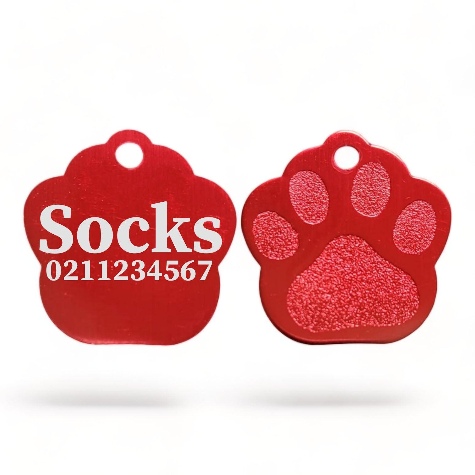 ⭐️Purr. Meow. Woof.⭐️ - Name & Number | Paw Print Aluminium | Cat, Kitten & Dog Kitten ID Pet Tag - Firebrick