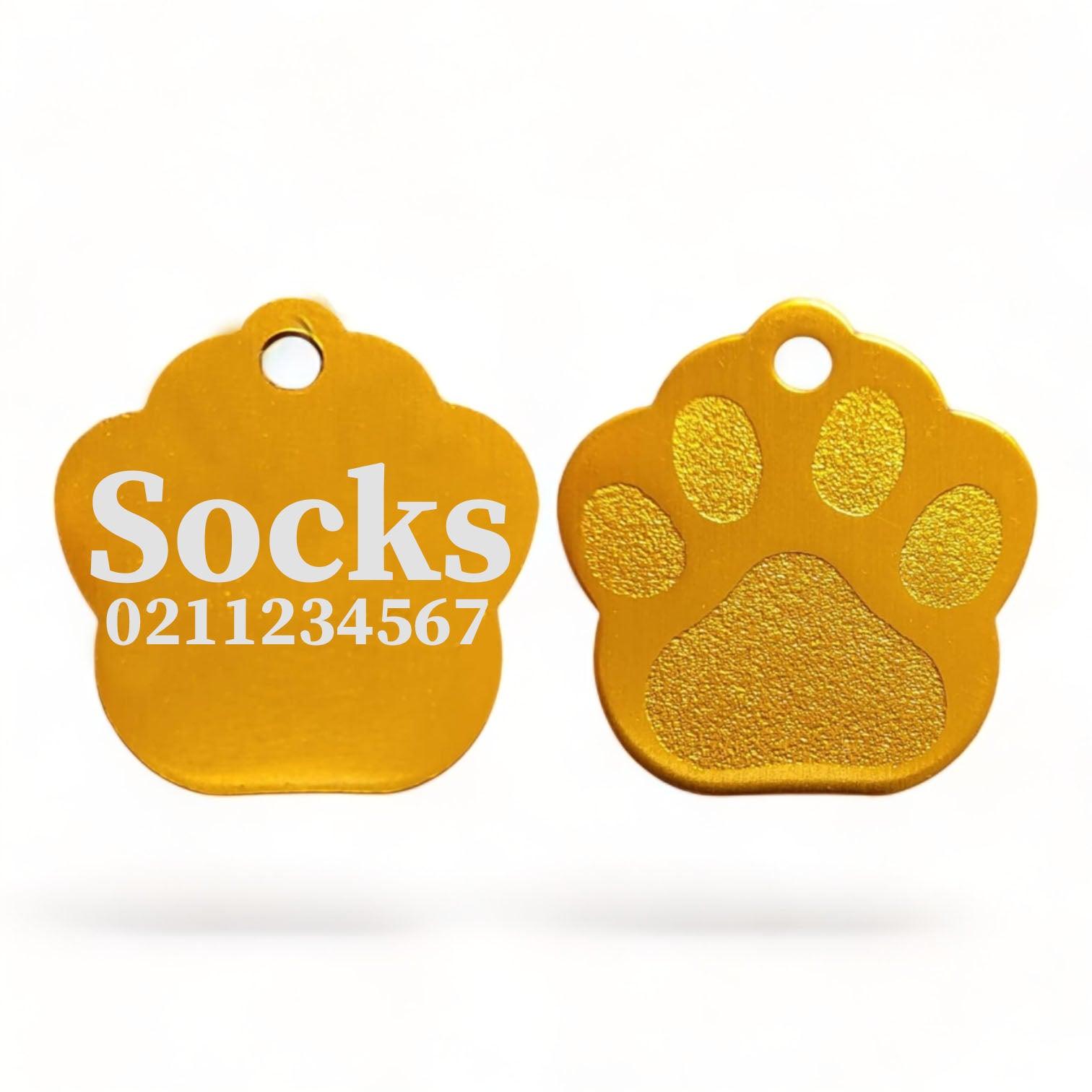 ⭐️Purr. Meow. Woof.⭐️ - Name & Number | Paw Print Aluminium | Cat, Kitten & Dog Kitten ID Pet Tag - Gold