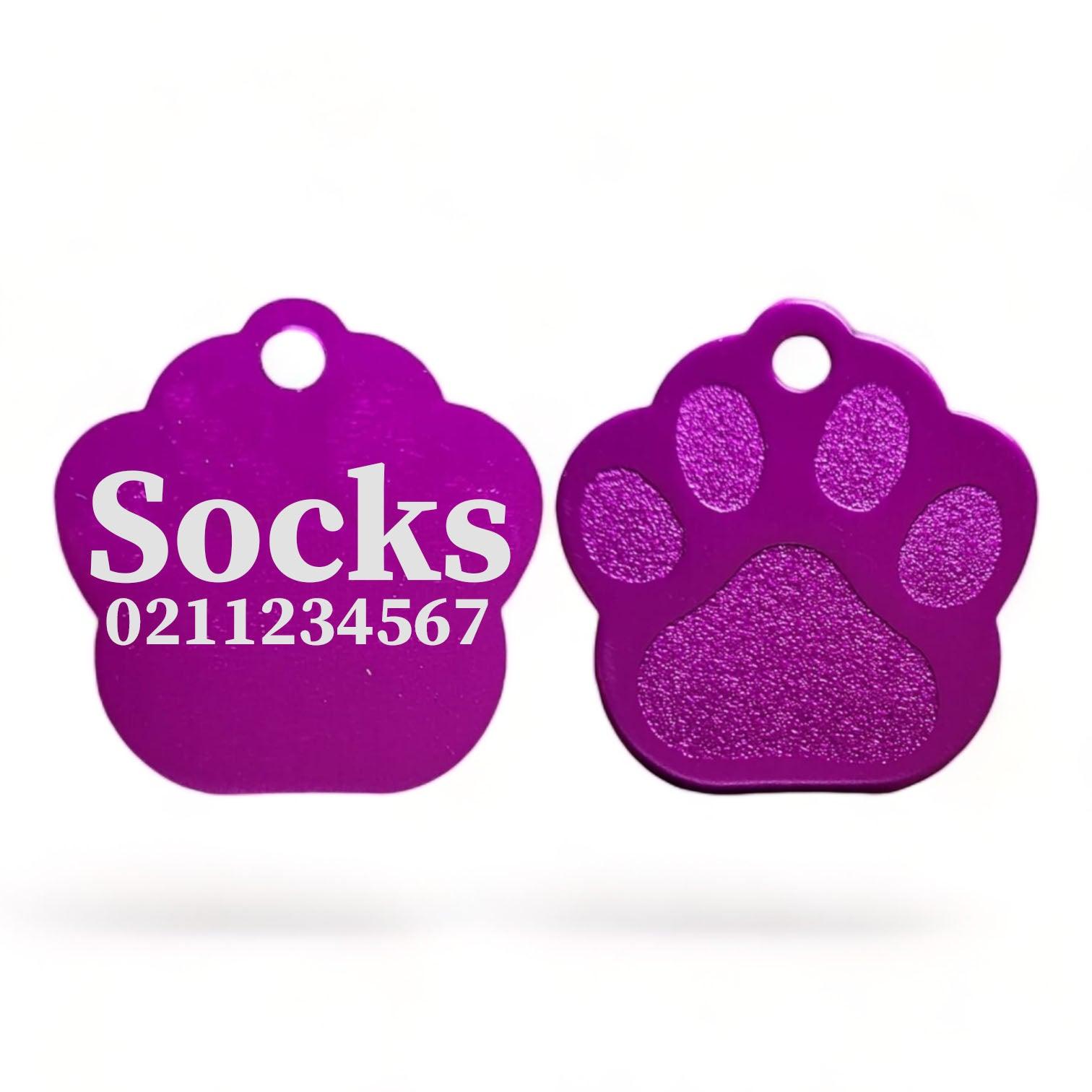 ⭐️Purr. Meow. Woof.⭐️ - Name & Number | Paw Print Aluminium | Cat, Kitten & Dog Kitten ID Pet Tag - Purple