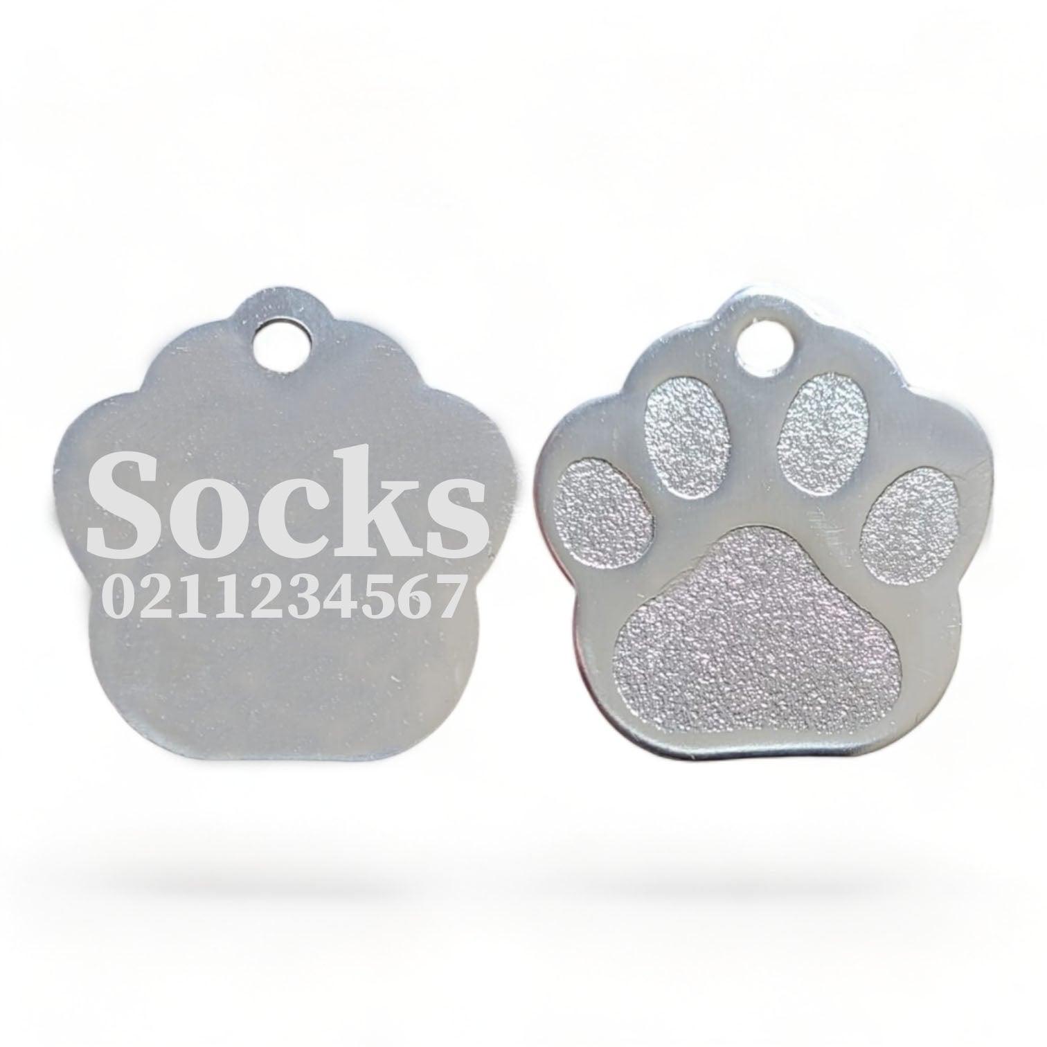 ⭐️Purr. Meow. Woof.⭐️ - Name & Number | Paw Print Aluminium | Cat, Kitten & Dog Kitten ID Pet Tag - Silver