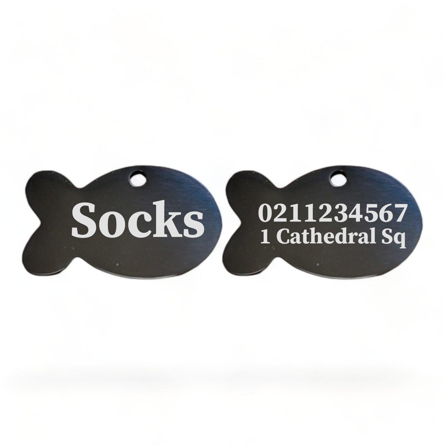 ⭐️Purr. Meow. Woof.⭐️ - Name Front & 1 Number Address Back Baby Fish | Mirror Stainless | Cat ID Pet Tag - Black