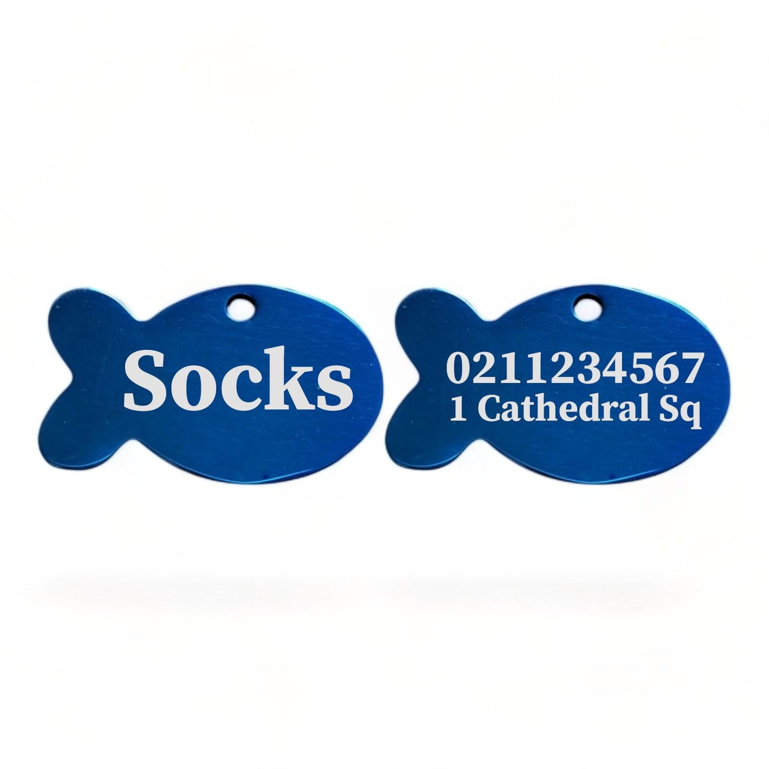 ⭐️Purr. Meow. Woof.⭐️ - Name Front & 1 Number Address Back Baby Fish | Mirror Stainless | Cat ID Pet Tag - MidnightBlue