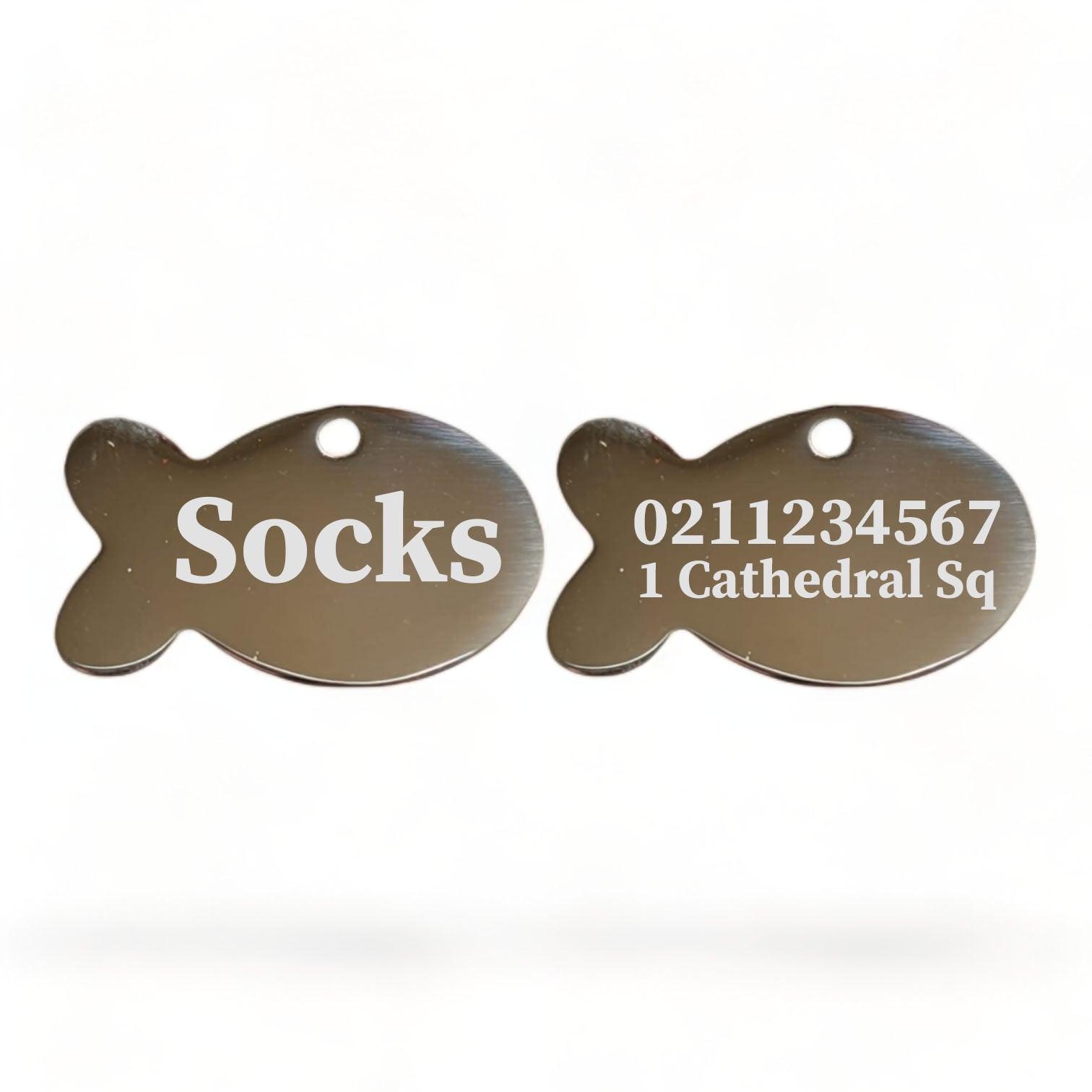 ⭐️Purr. Meow. Woof.⭐️ - Name Front & 1 Number Address Back Baby Fish | Mirror Stainless | Cat ID Pet Tag - Silver