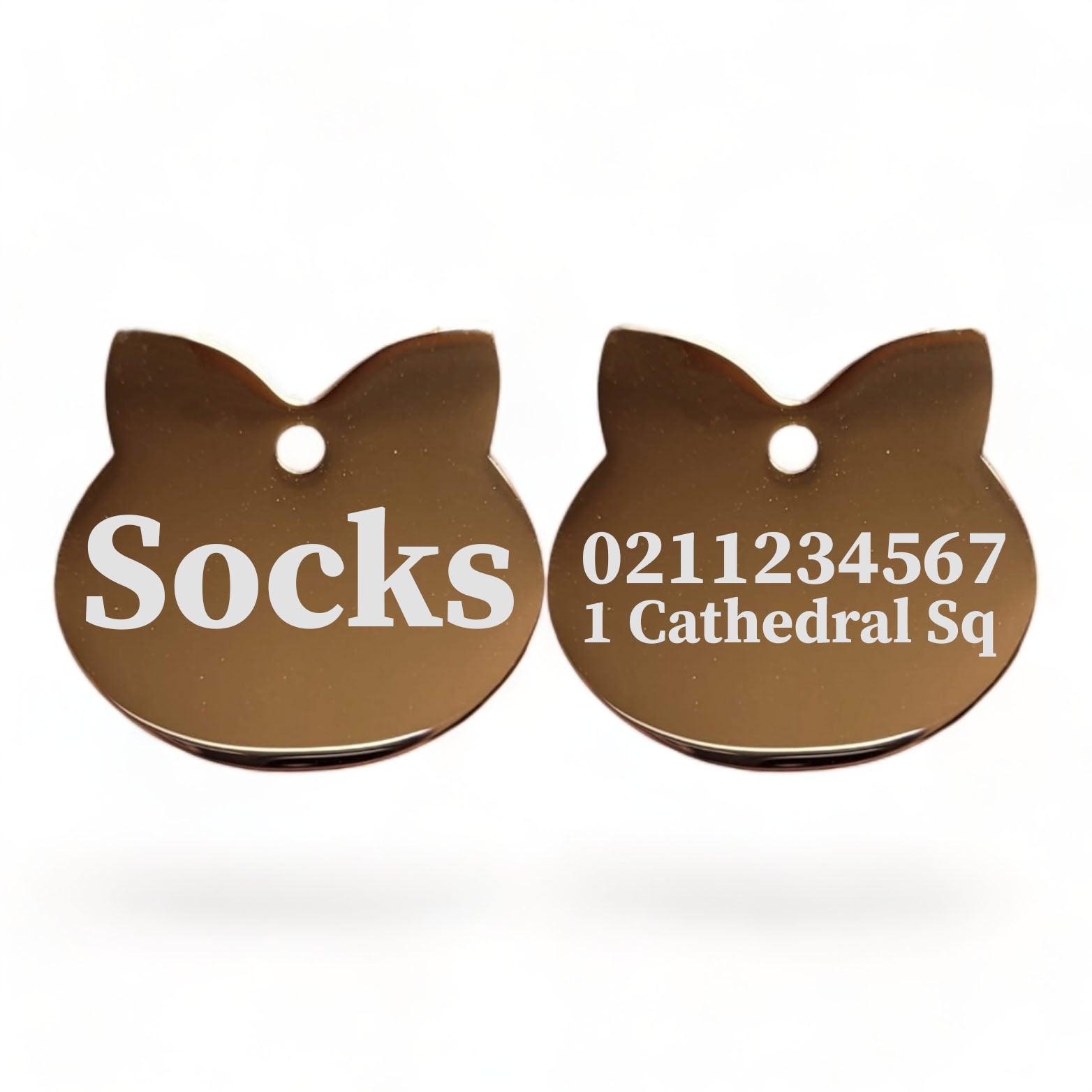 ⭐️Purr. Meow. Woof.⭐️ - Name Front & 1 Number Address Back Cat Ears | Mirror Stainless | Cat ID Pet Tag - BurlyWood