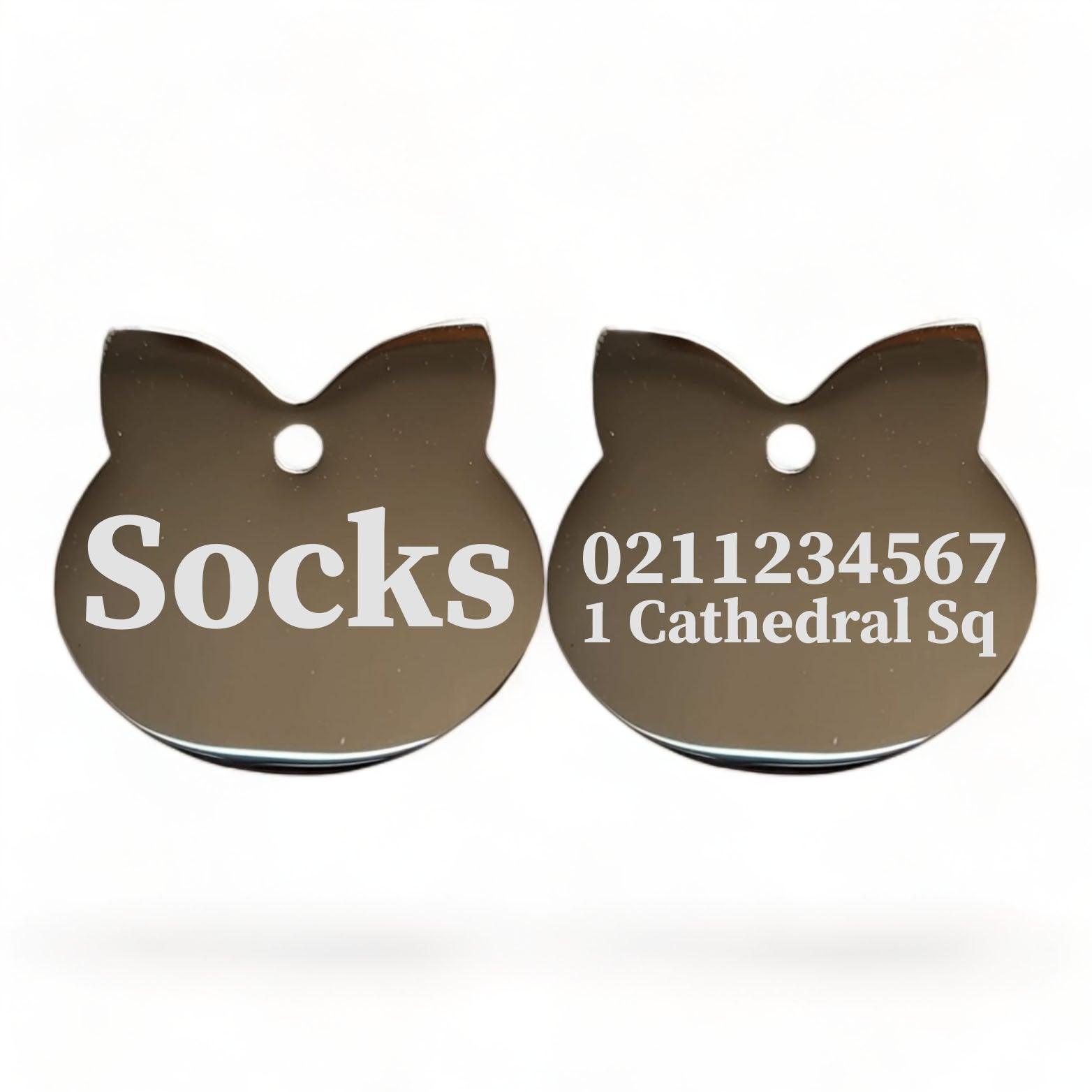⭐️Purr. Meow. Woof.⭐️ - Name Front & 1 Number Address Back Cat Ears | Mirror Stainless | Cat ID Pet Tag - Silver