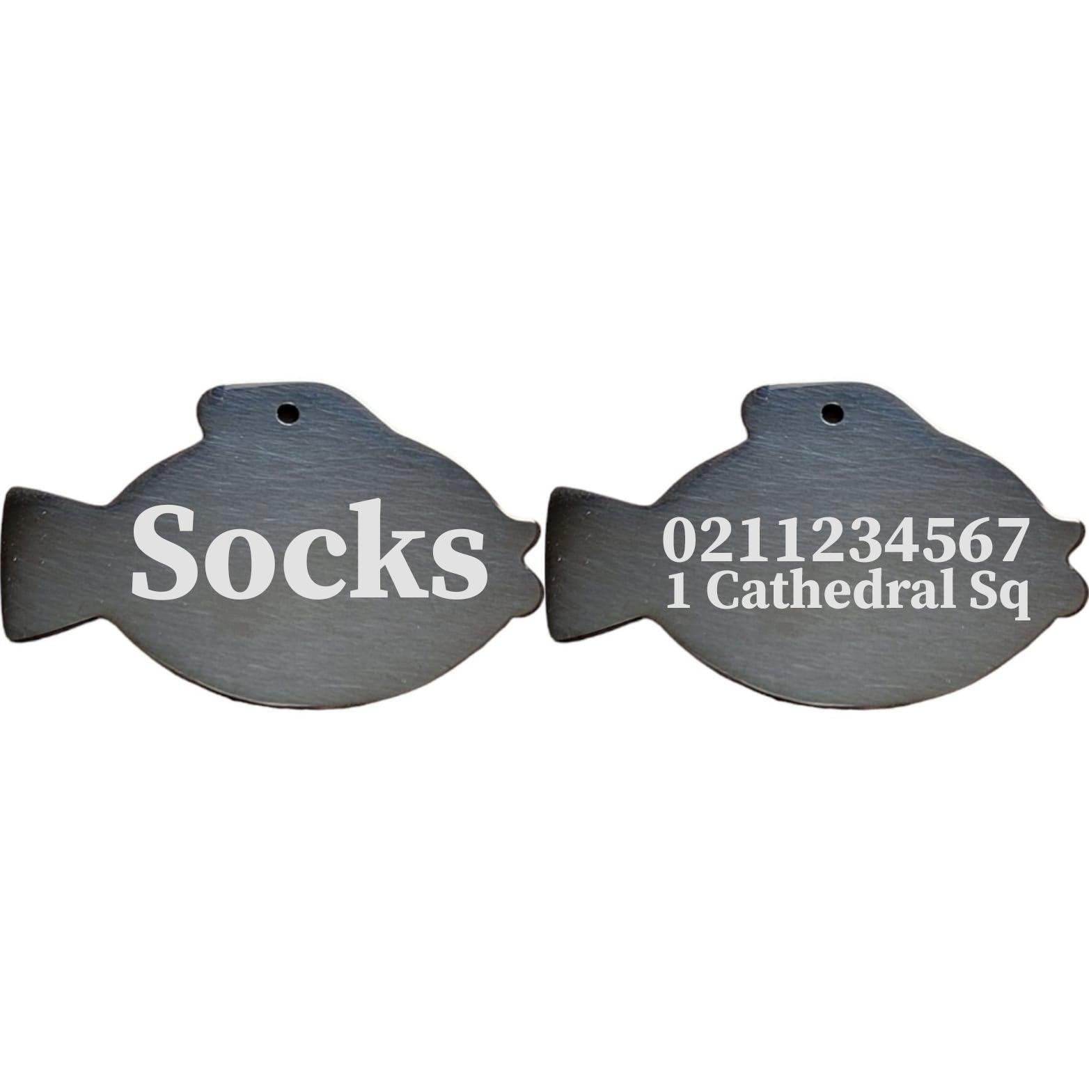 ⭐️Purr. Meow. Woof.⭐️ - Name Front & 1 Number Address Back Fish | Mirror Stainless | Cat & Dog ID Pet Tag - Black